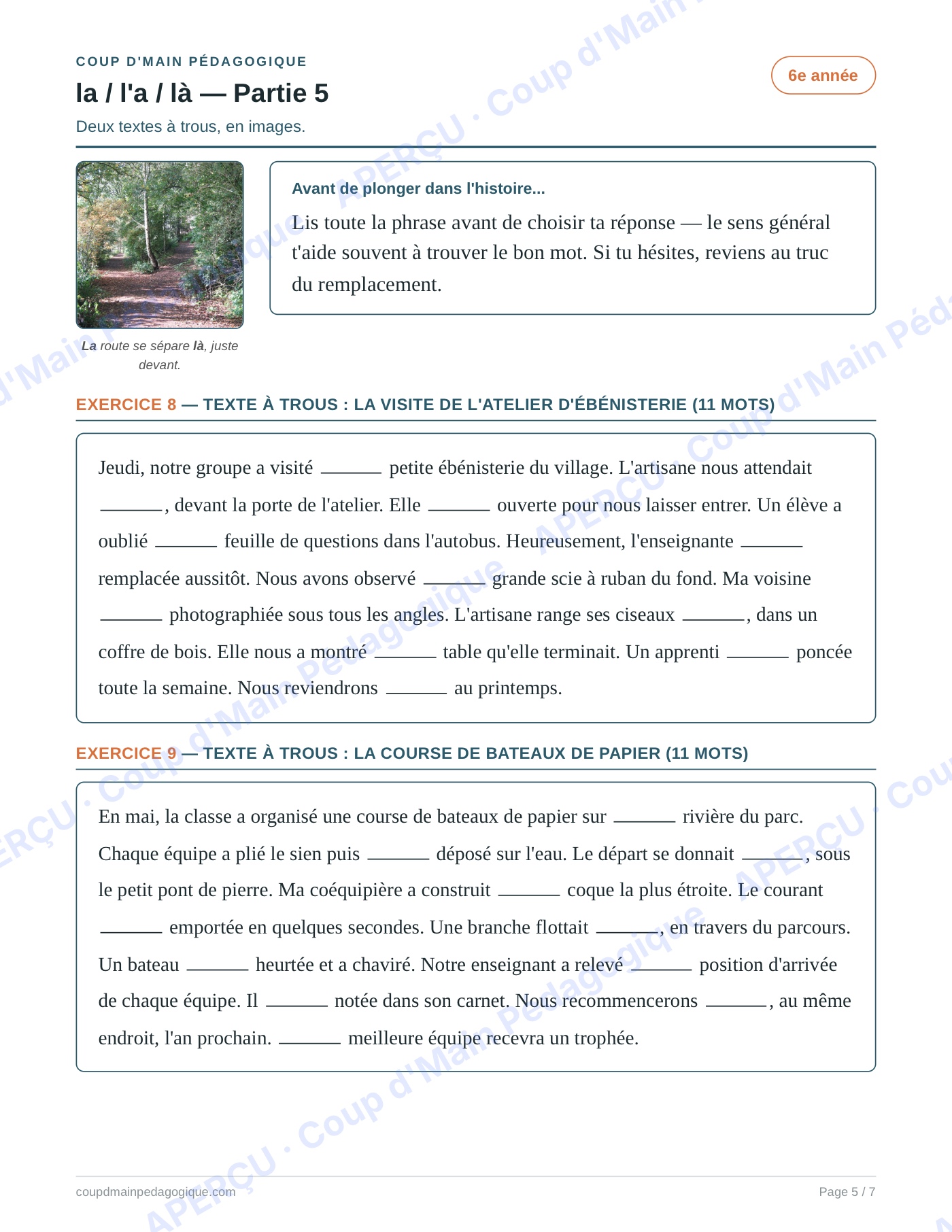 Page 5 — Les homophones la/l'a/là — 6e année, fiche