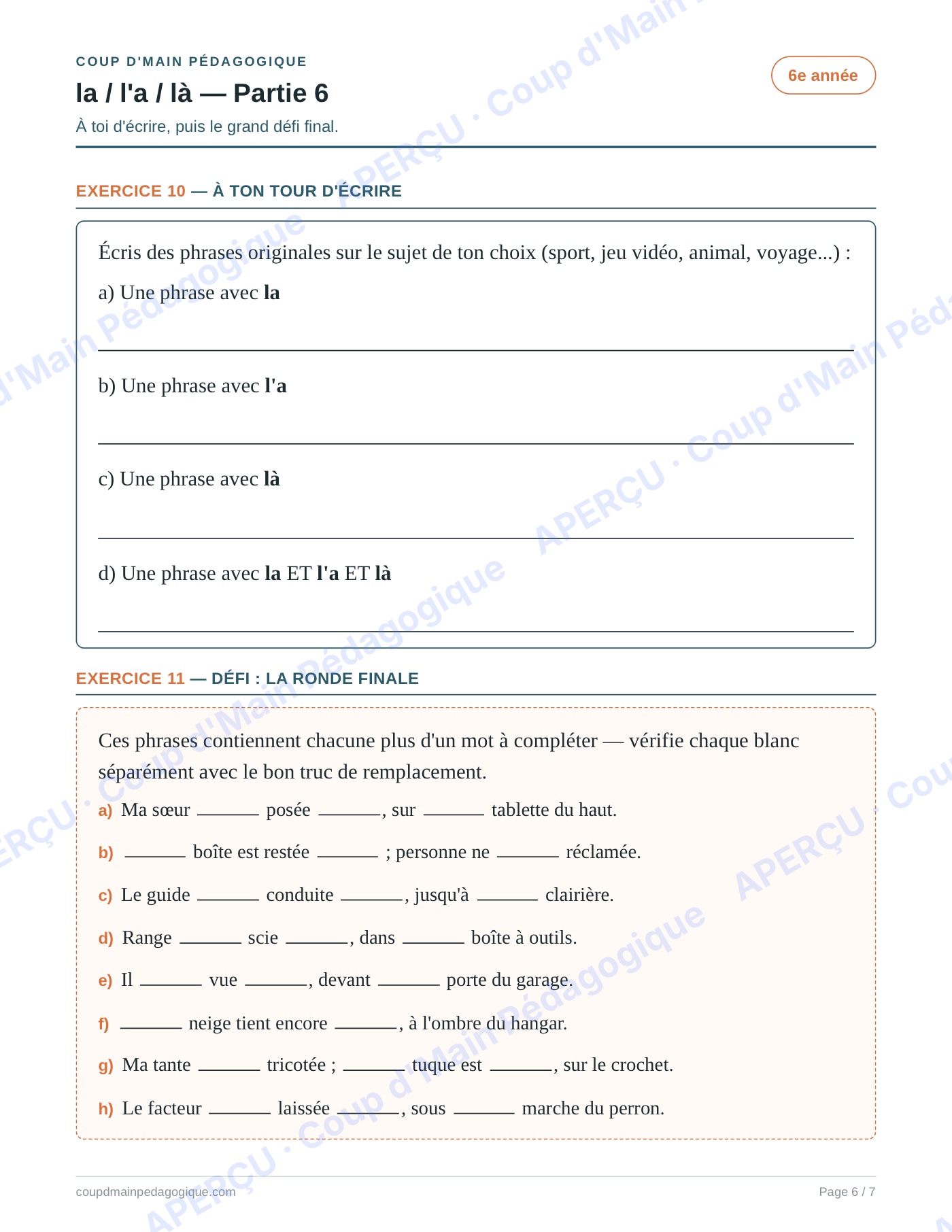 Page 6 — Les homophones la/l'a/là — 6e année, fiche