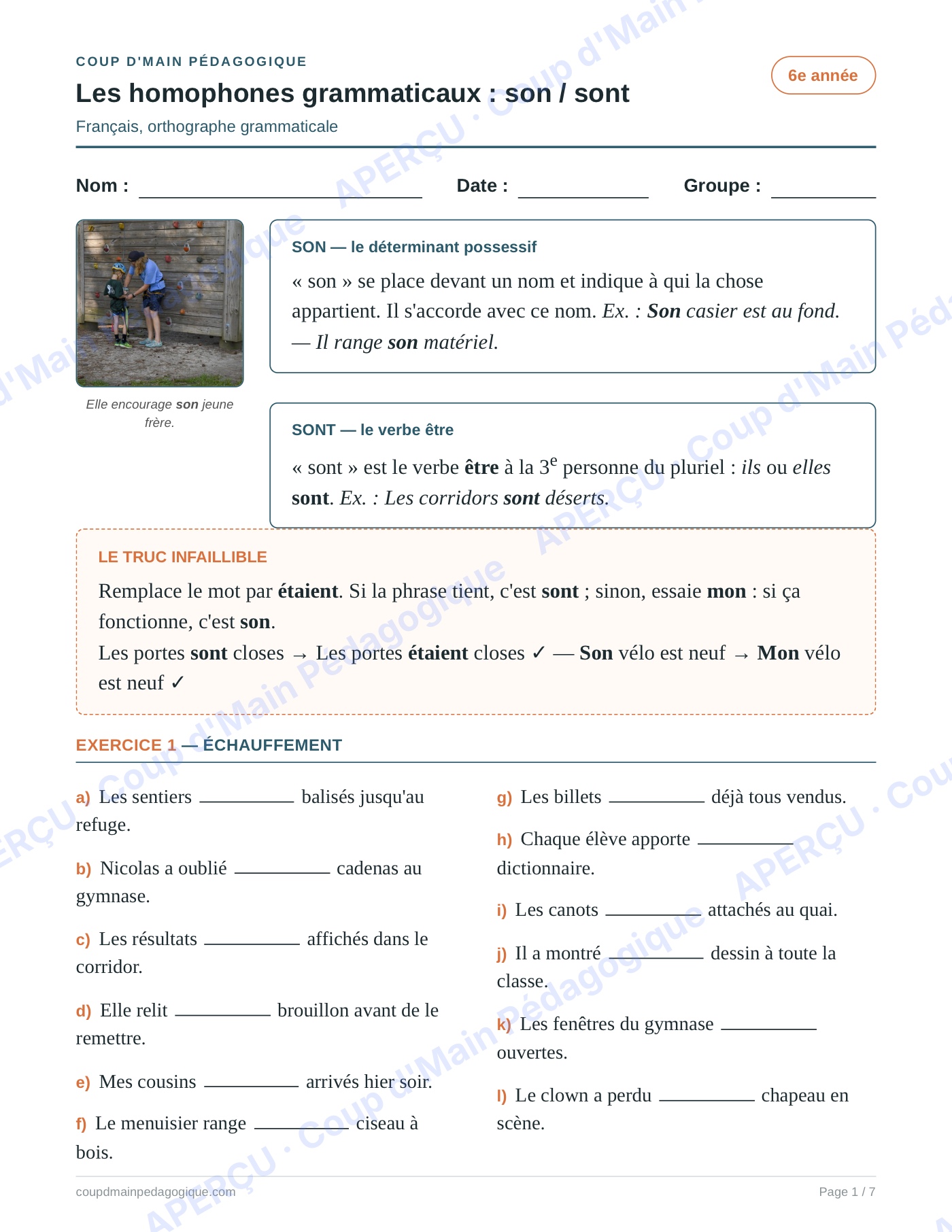 Page 1 — Les homophones son/sont — 6e année, fiche