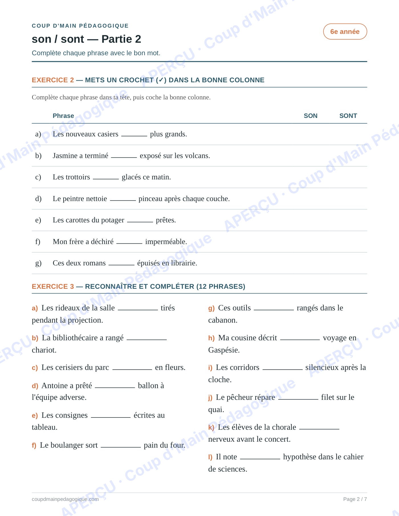 Page 2 — Les homophones son/sont — 6e année, fiche