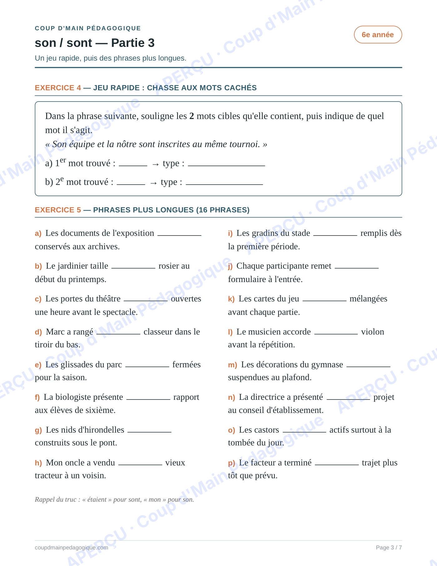 Page 3 — Les homophones son/sont — 6e année, fiche
