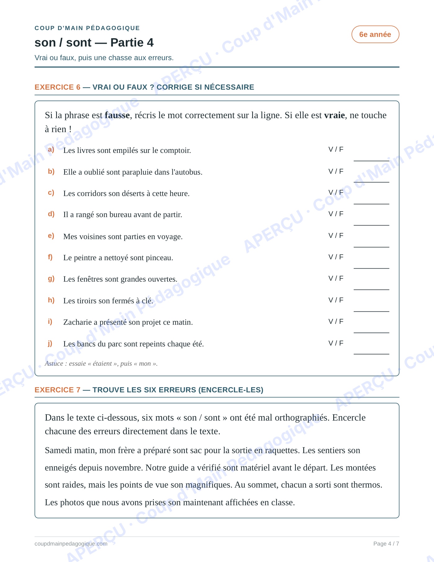 Page 4 — Les homophones son/sont — 6e année, fiche