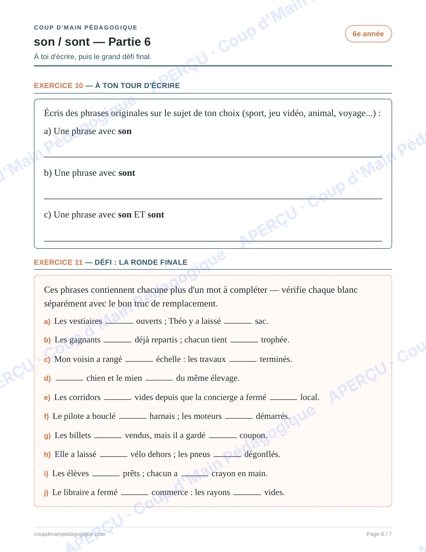 Page 6 — Les homophones son/sont — 6e année, fiche