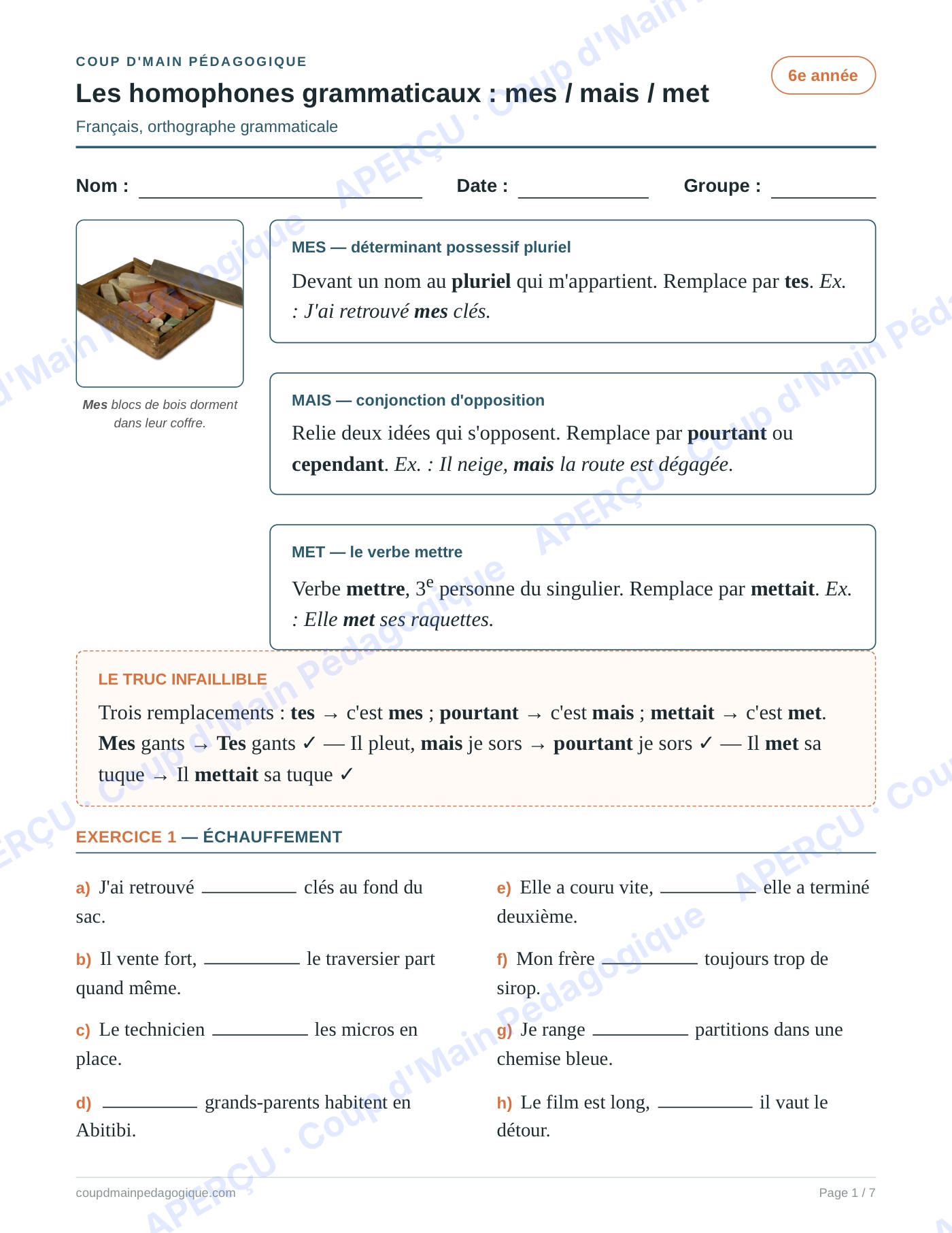 Page 1 — Les homophones mes/mais/met — 6e année, fiche
