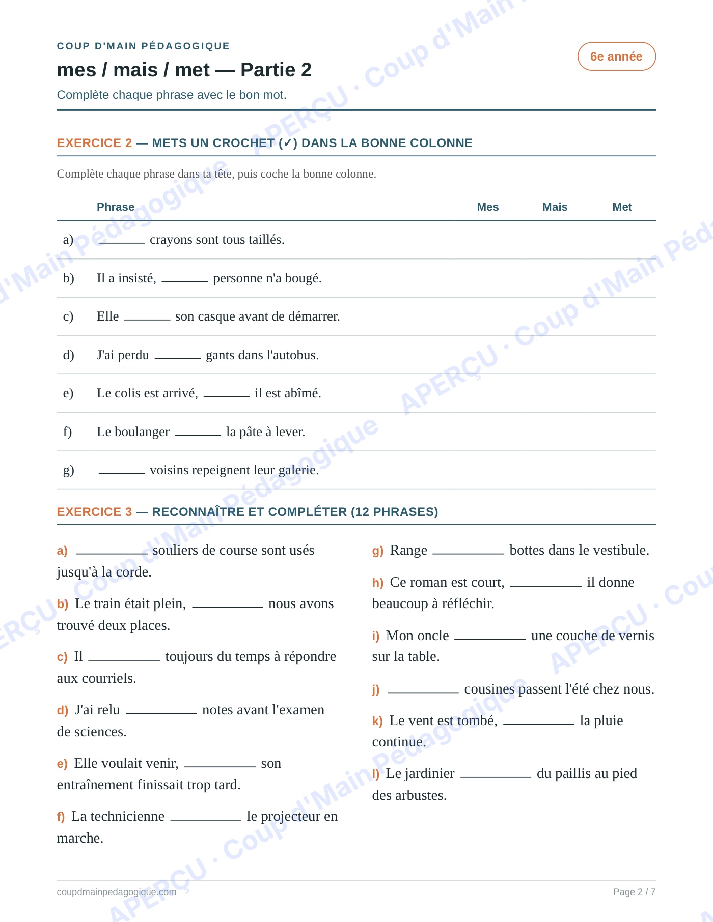 Page 2 — Les homophones mes/mais/met — 6e année, fiche
