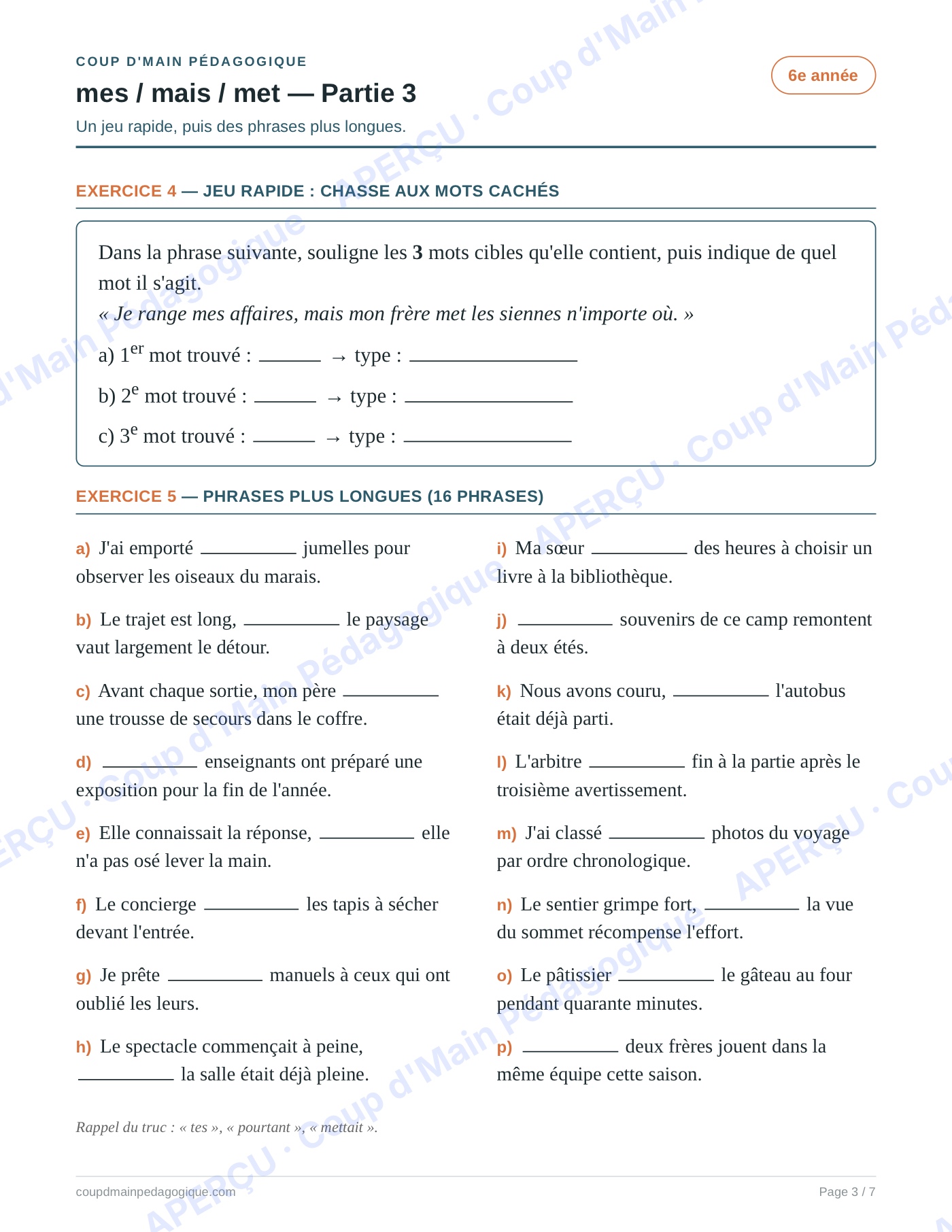 Page 3 — Les homophones mes/mais/met — 6e année, fiche