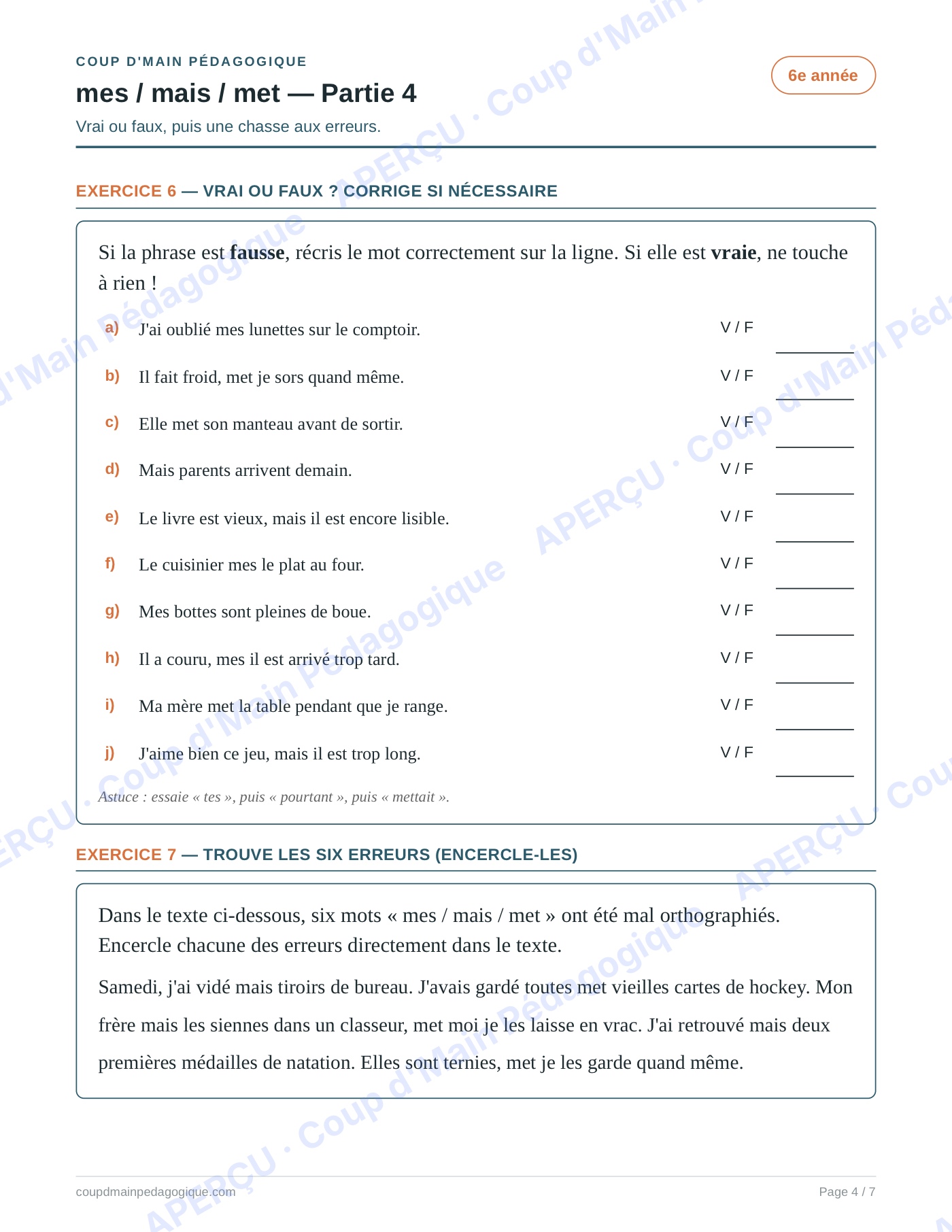 Page 4 — Les homophones mes/mais/met — 6e année, fiche