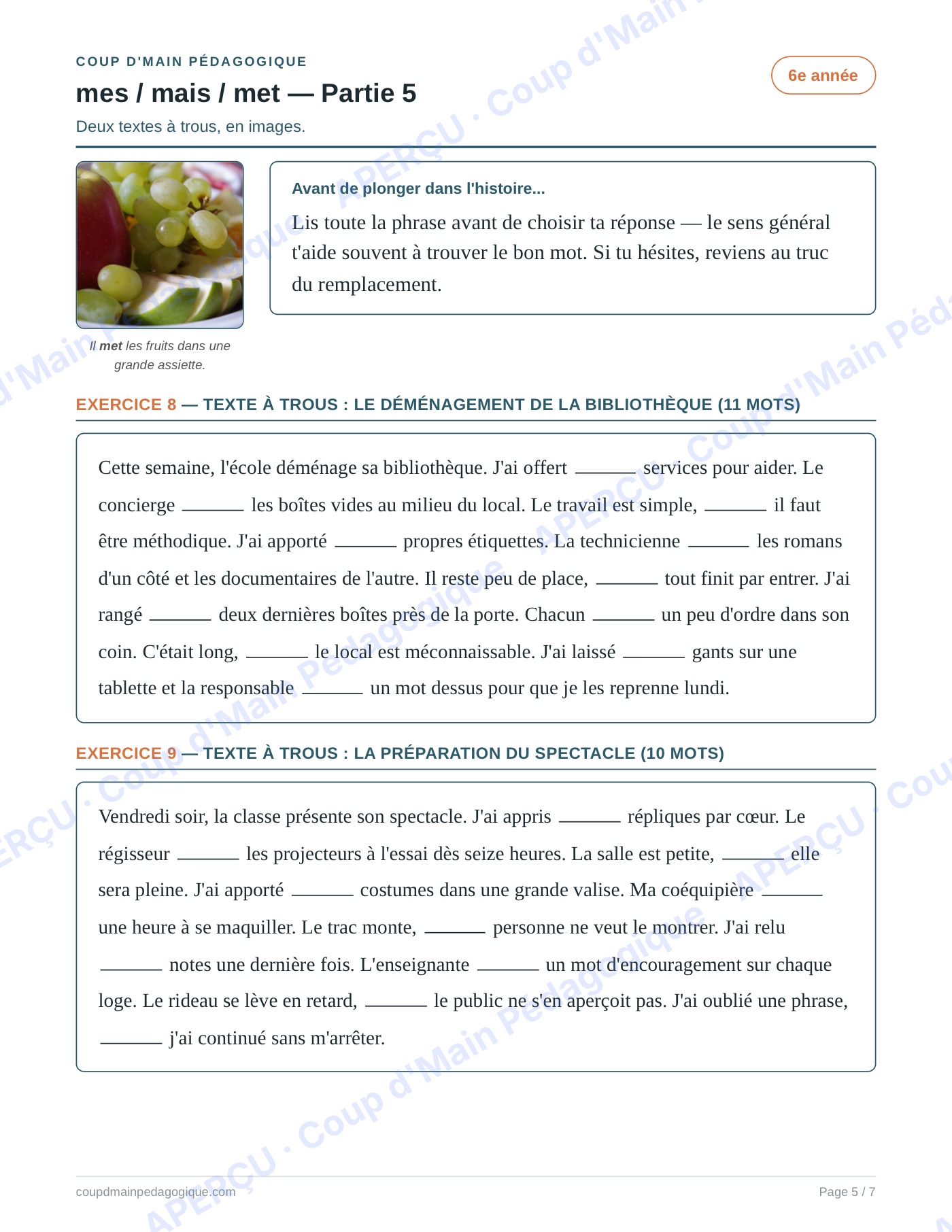 Page 5 — Les homophones mes/mais/met — 6e année, fiche