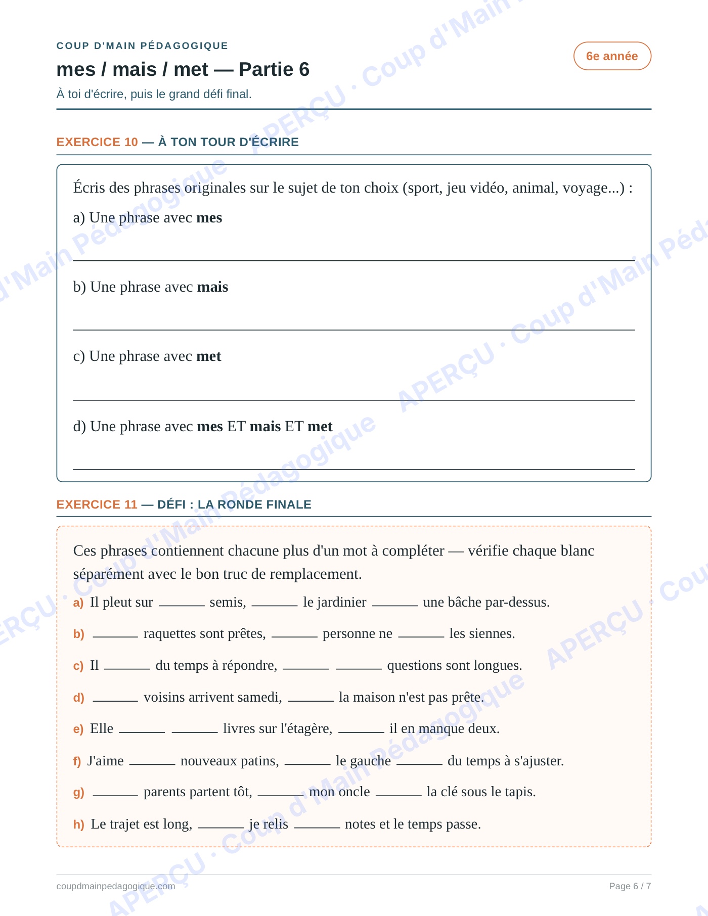 Page 6 — Les homophones mes/mais/met — 6e année, fiche