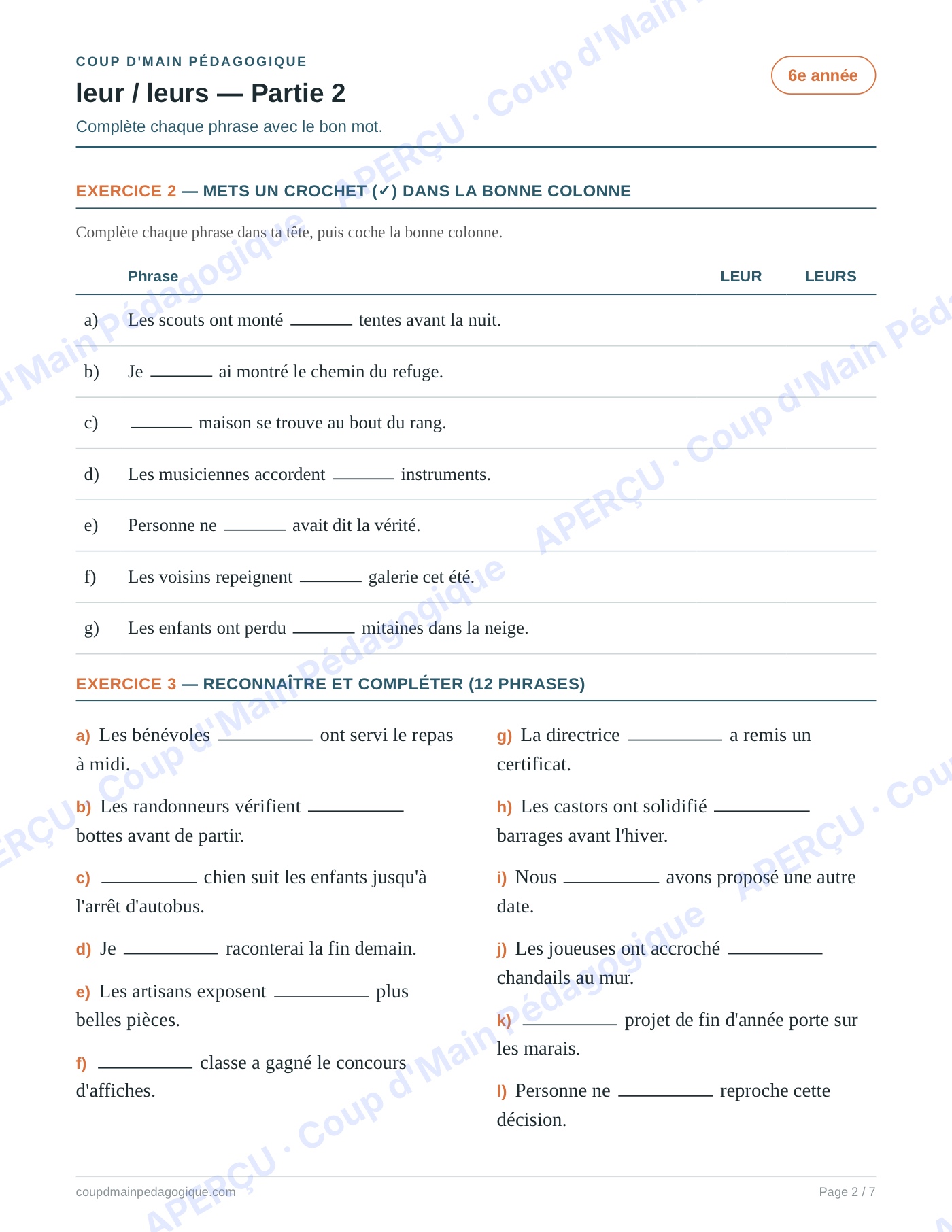 Page 2 — Les homophones leur/leurs — 6e année, fiche