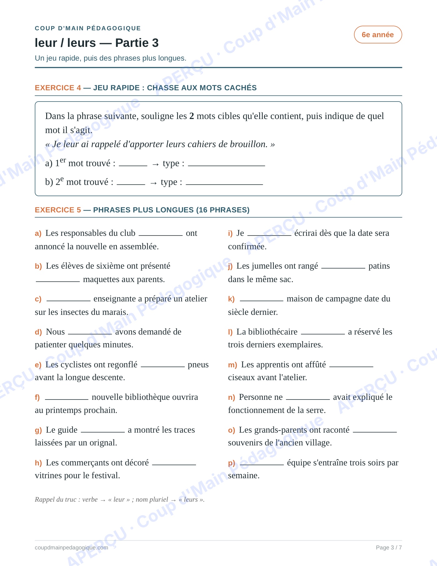 Page 3 — Les homophones leur/leurs — 6e année, fiche