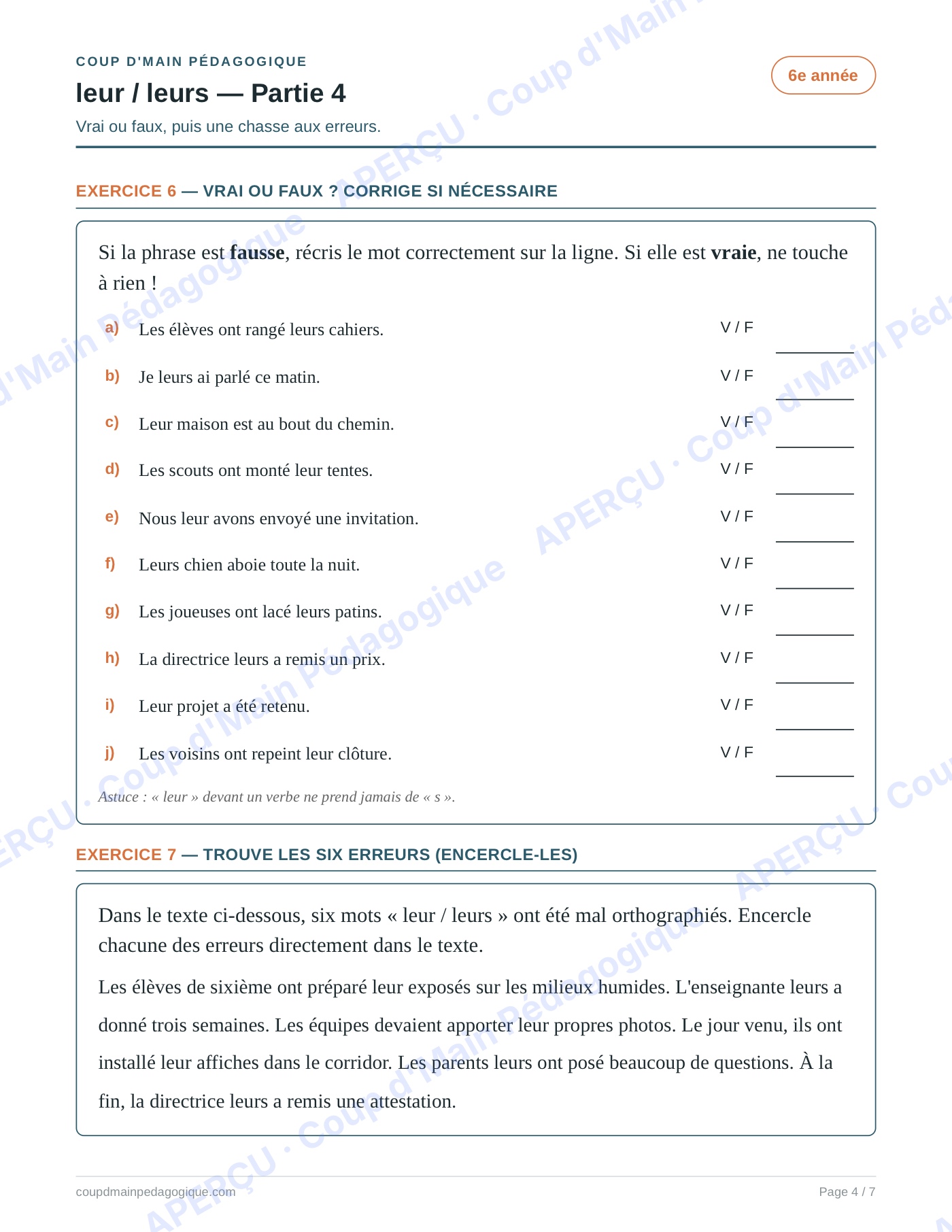 Page 4 — Les homophones leur/leurs — 6e année, fiche