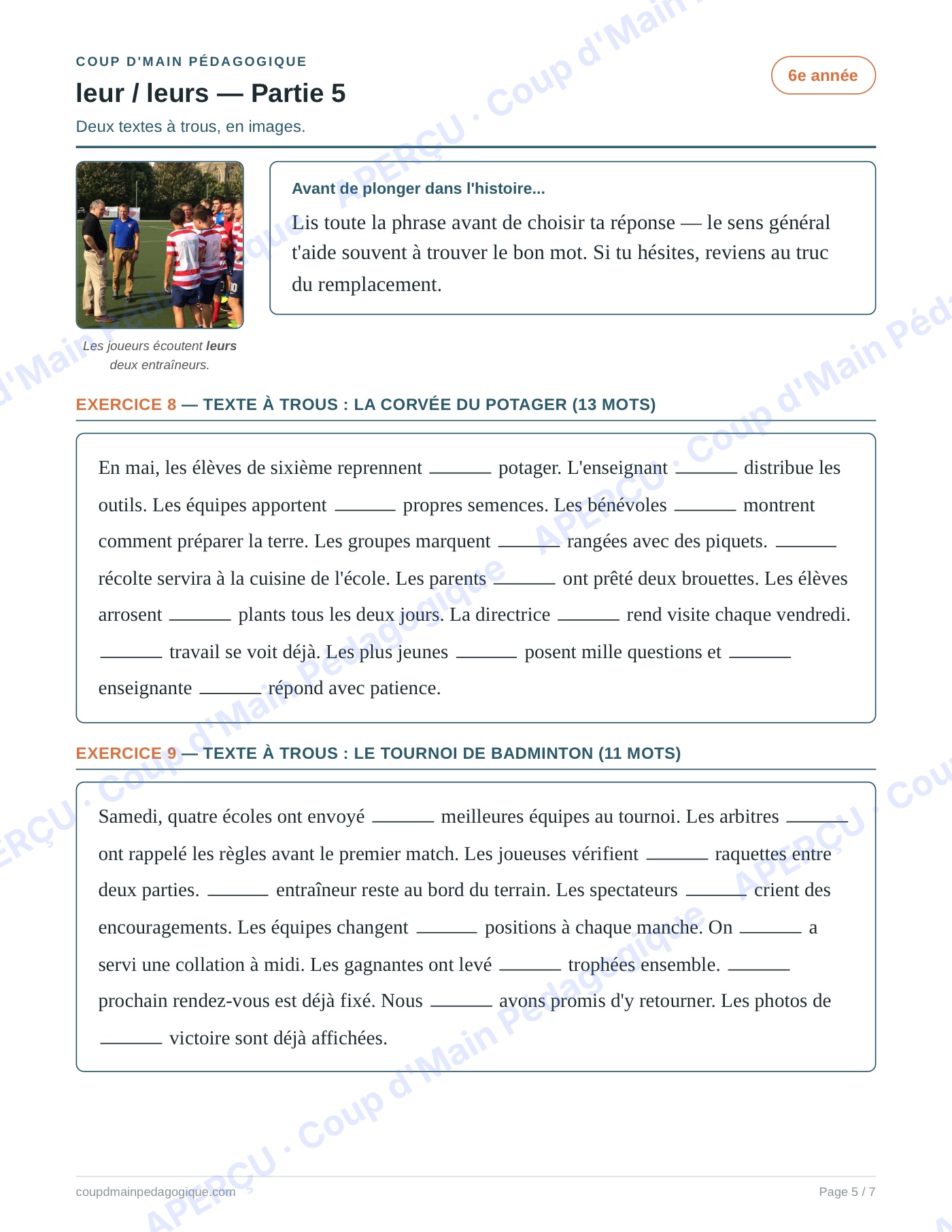Page 5 — Les homophones leur/leurs — 6e année, fiche