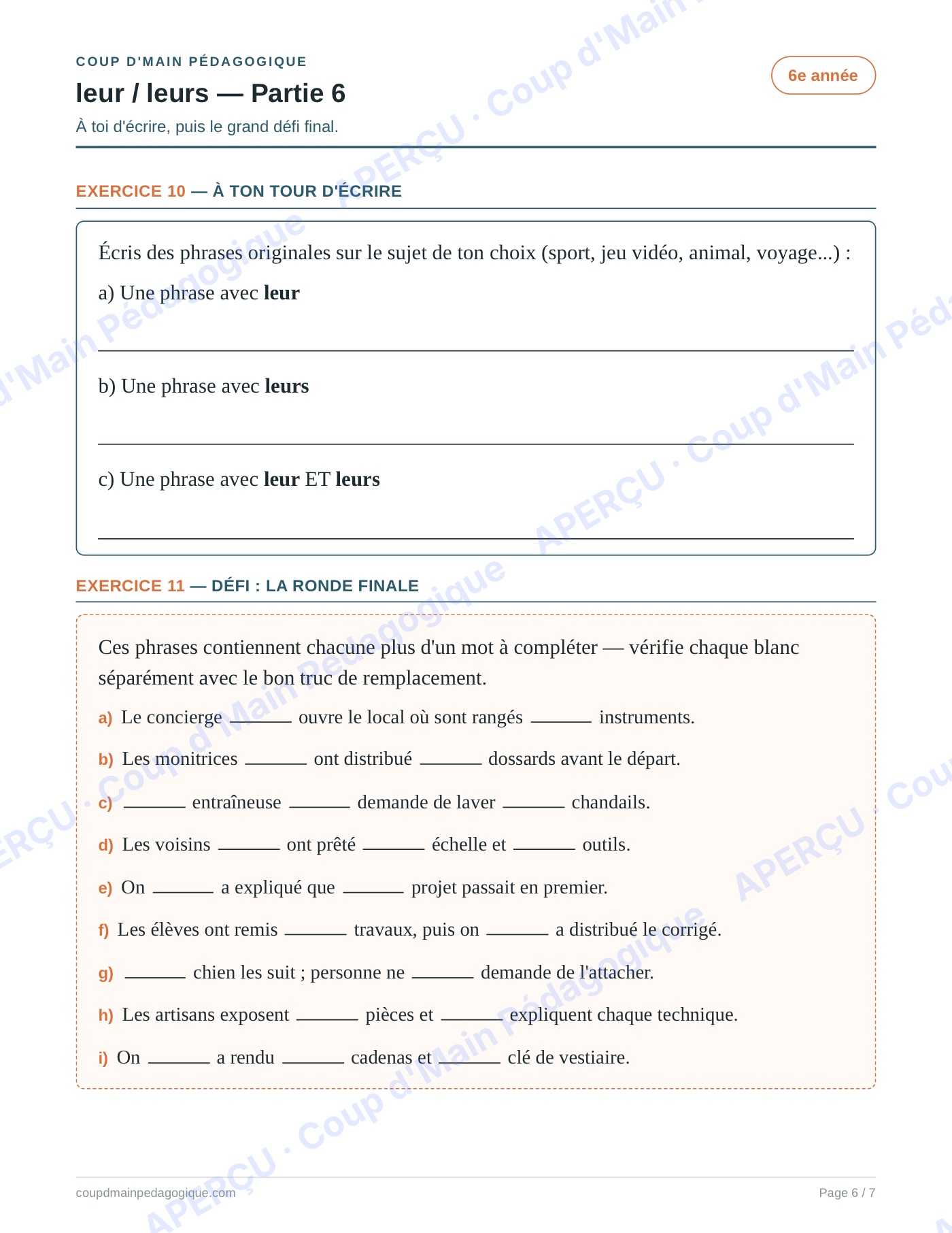 Page 6 — Les homophones leur/leurs — 6e année, fiche