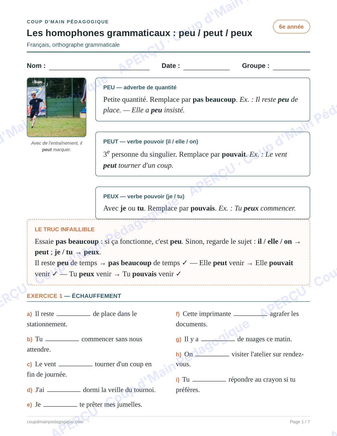 Page 1 — Les homophones peu/peut/peux — 6e année, fiche