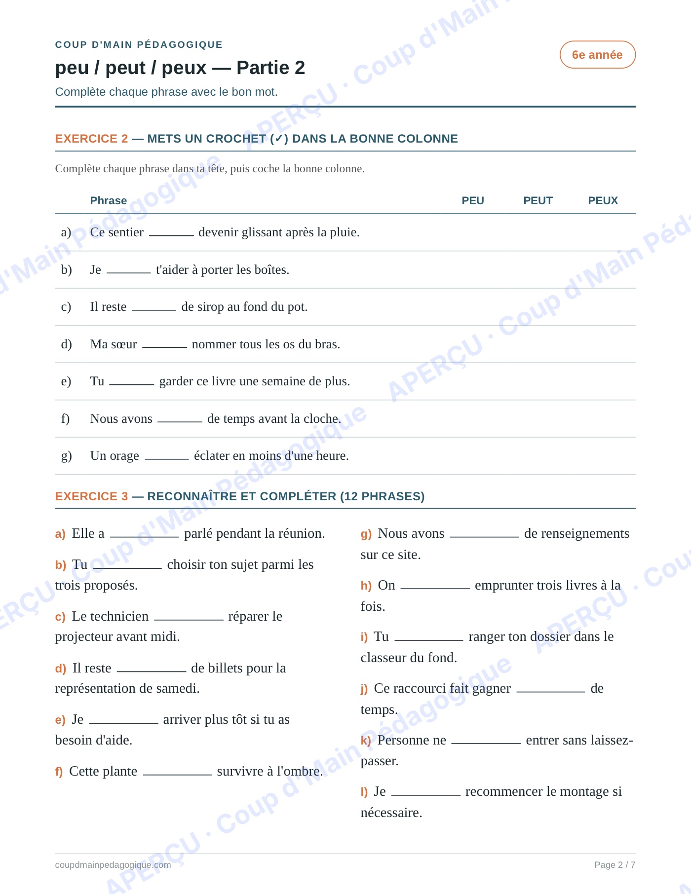 Page 2 — Les homophones peu/peut/peux — 6e année, fiche