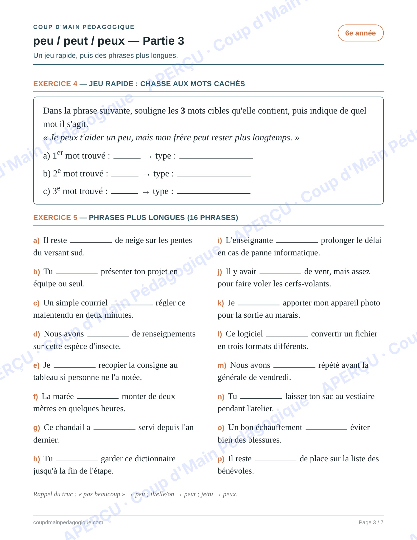 Page 3 — Les homophones peu/peut/peux — 6e année, fiche