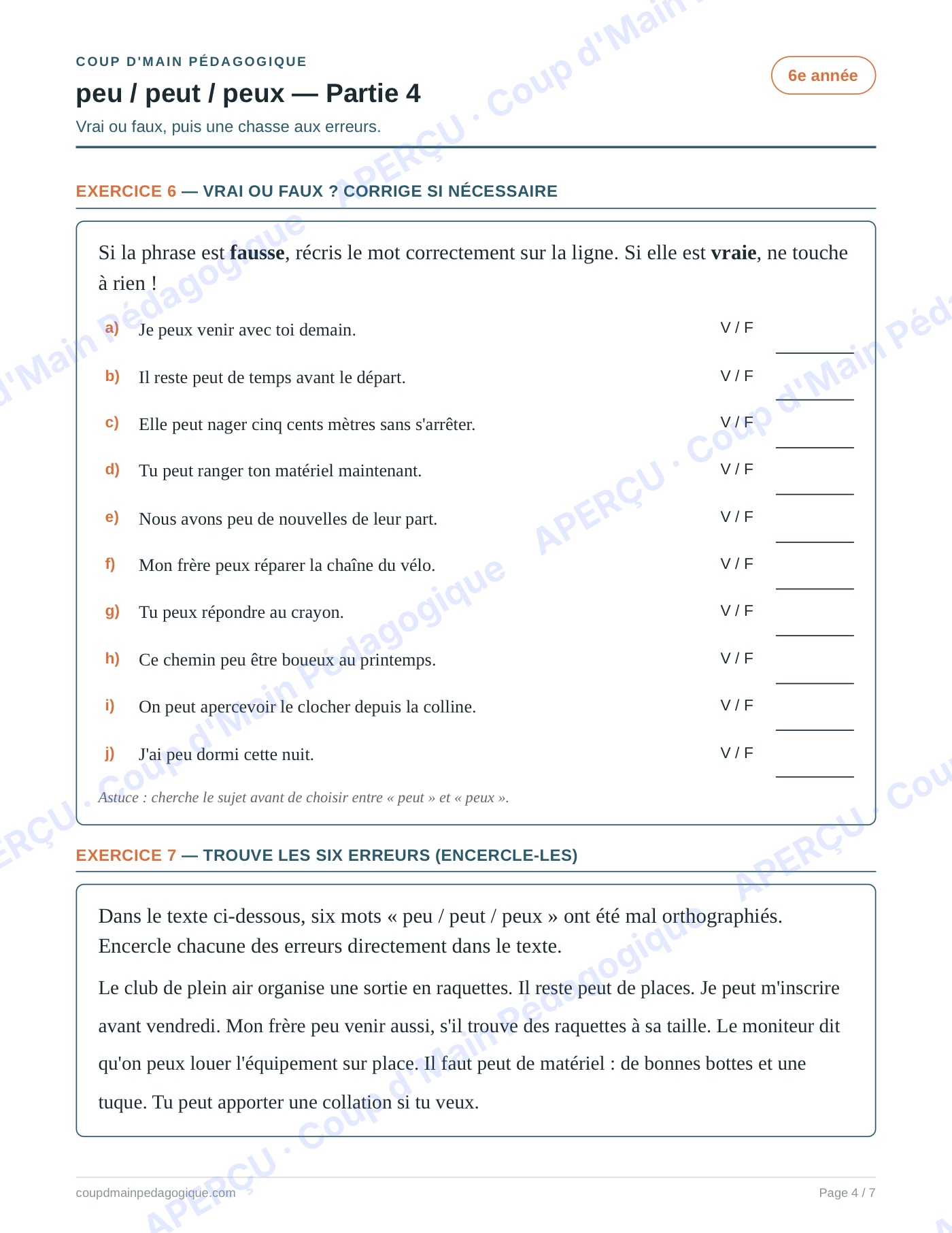 Page 4 — Les homophones peu/peut/peux — 6e année, fiche