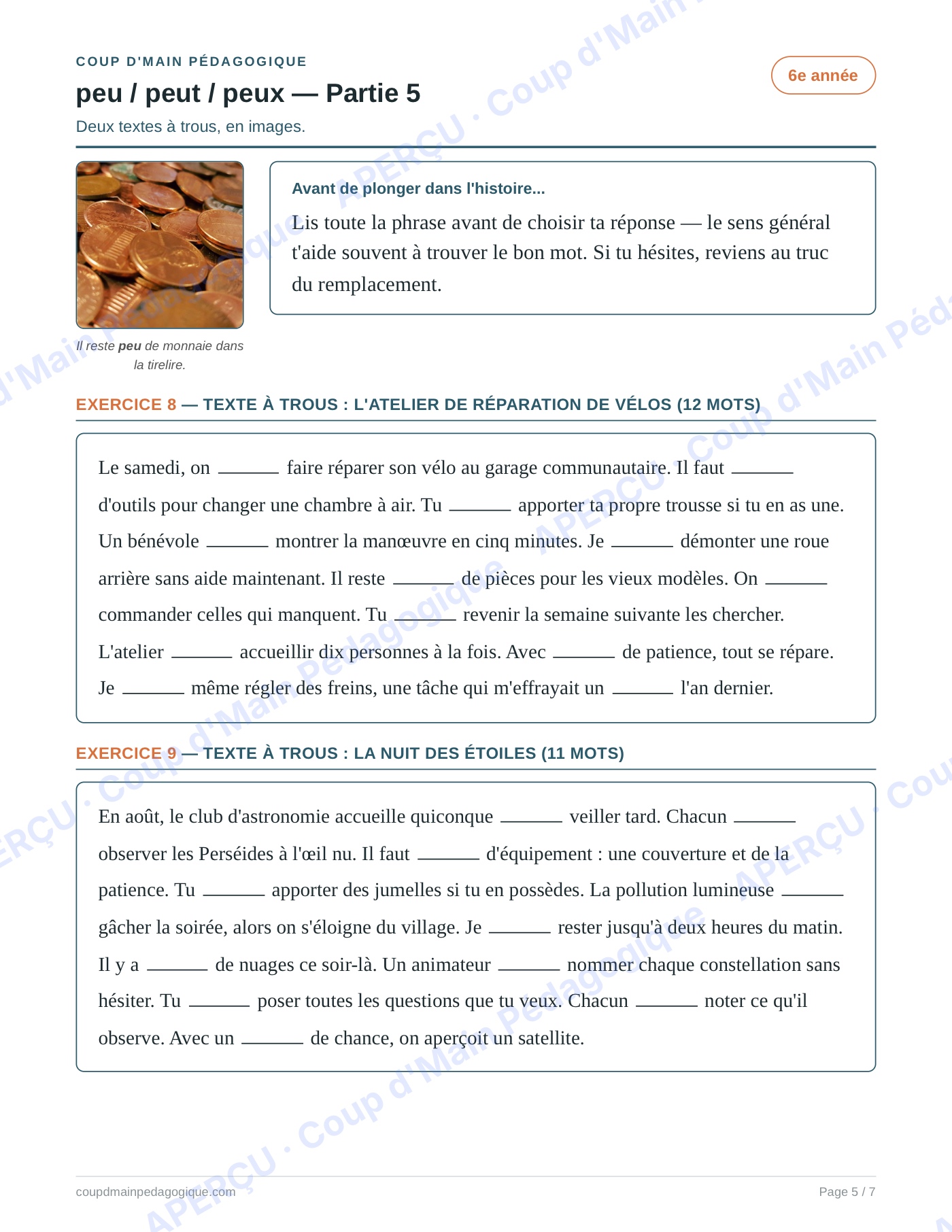 Page 5 — Les homophones peu/peut/peux — 6e année, fiche