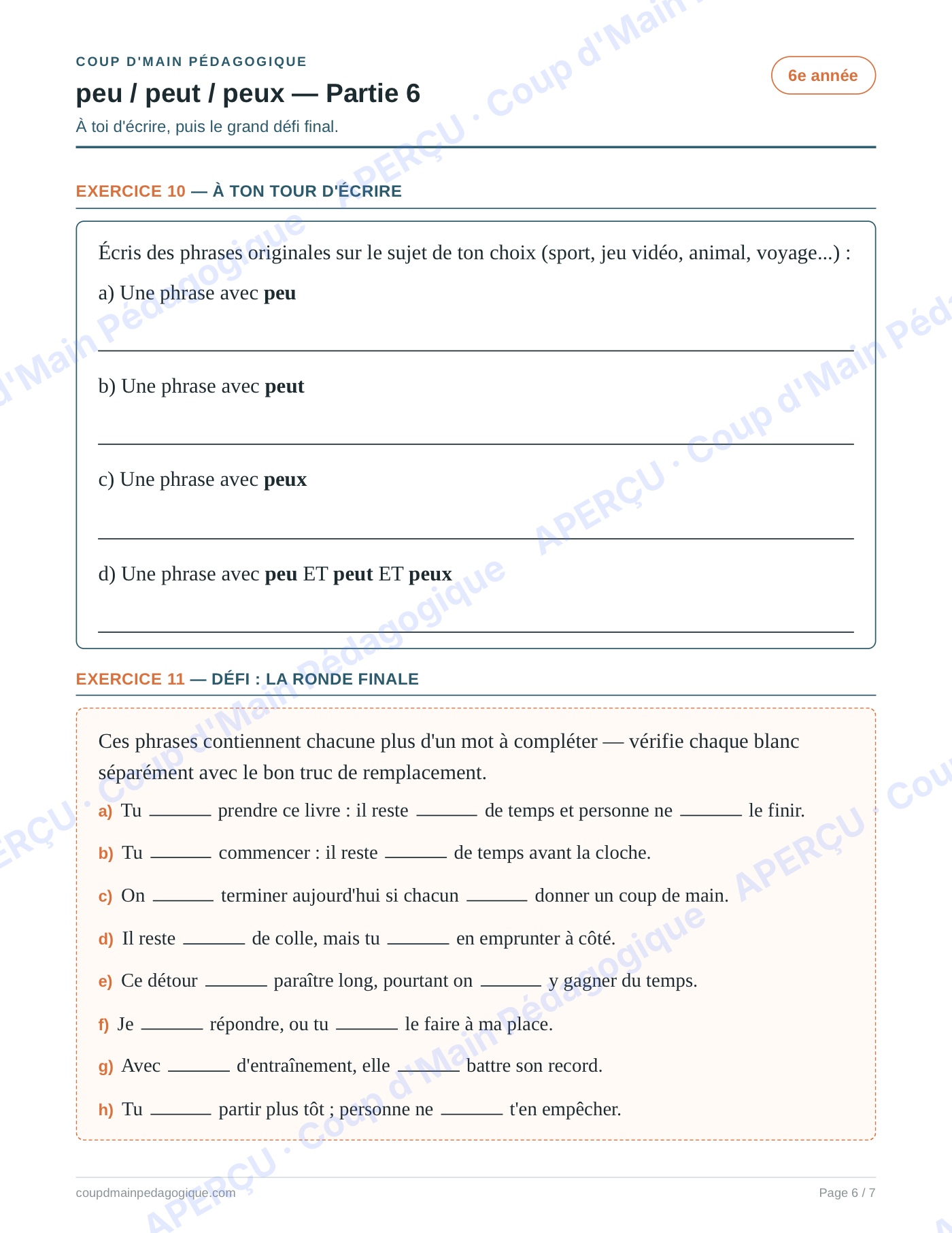 Page 6 — Les homophones peu/peut/peux — 6e année, fiche