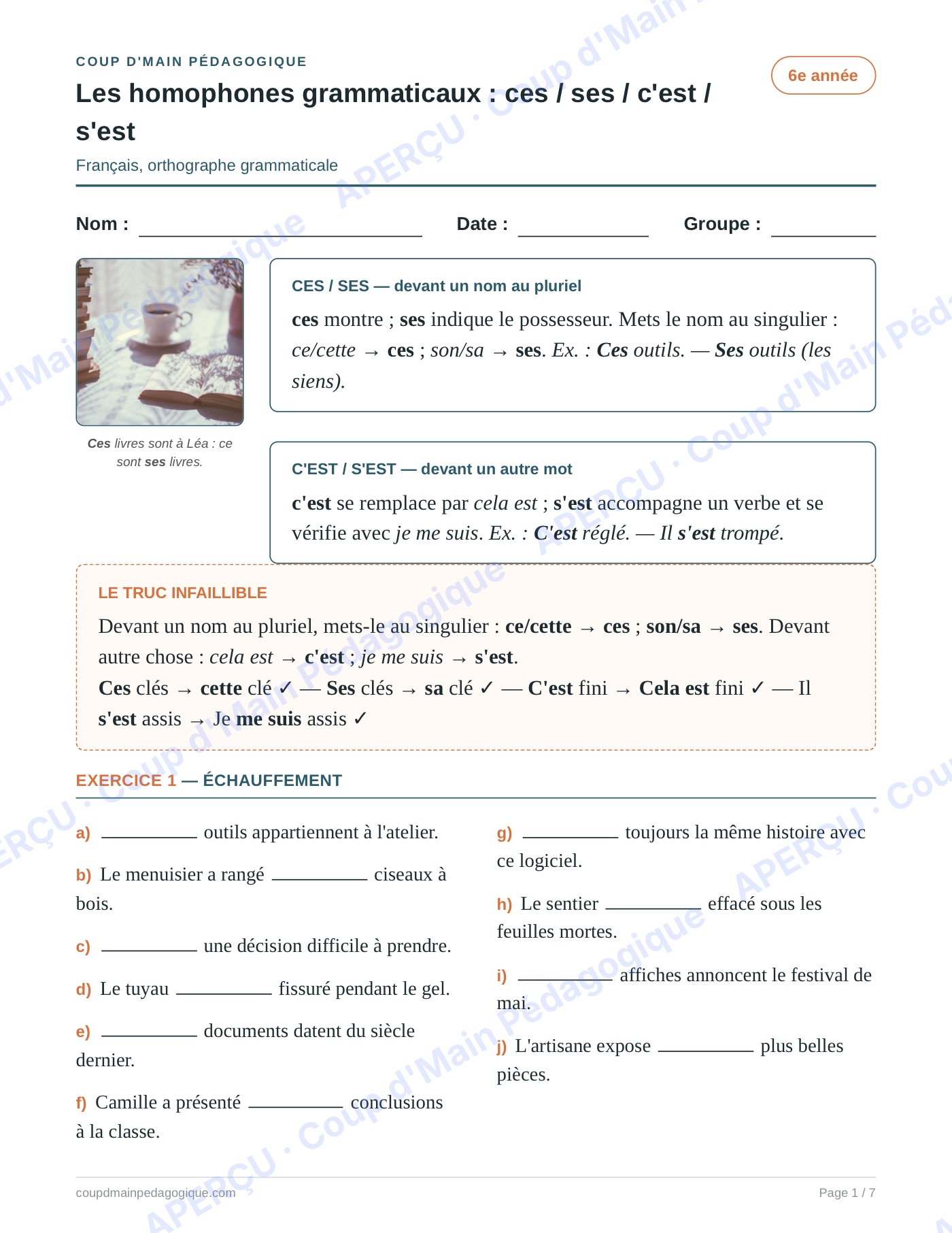 Page 1 — Les homophones ces/ses/c'est/s'est — 6e, fiche