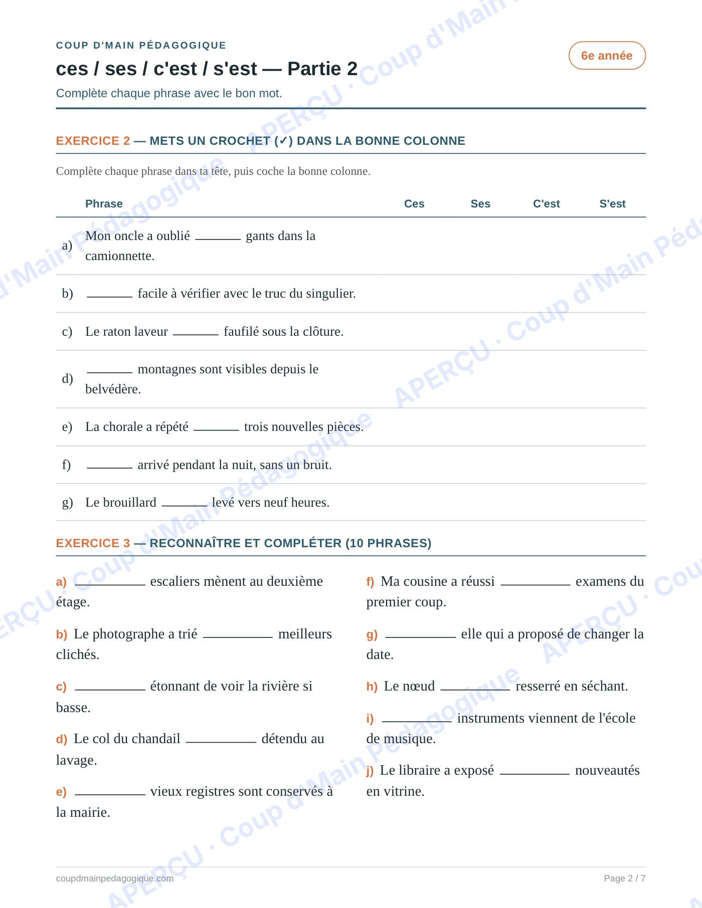 Page 2 — Les homophones ces/ses/c'est/s'est — 6e, fiche