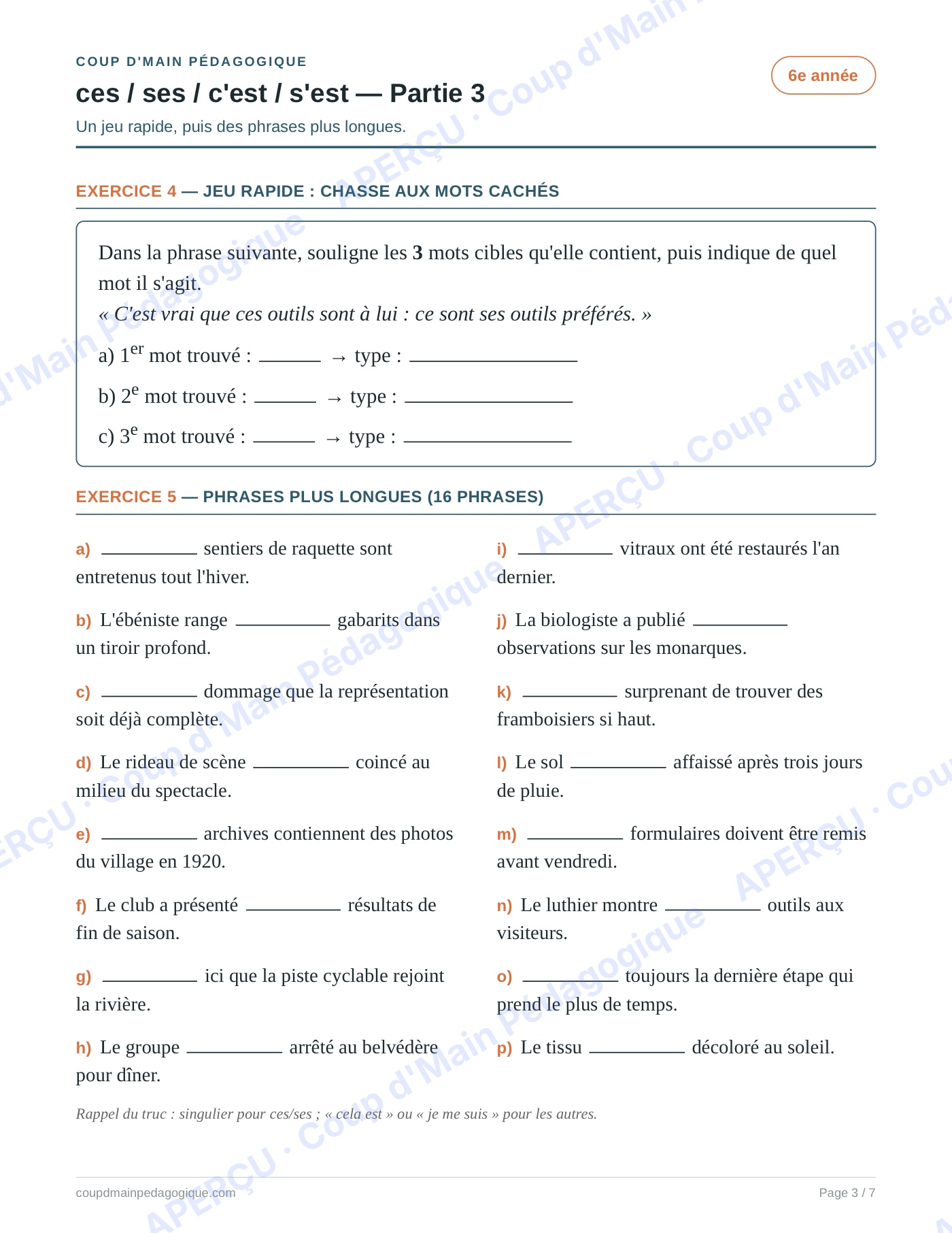 Page 3 — Les homophones ces/ses/c'est/s'est — 6e, fiche