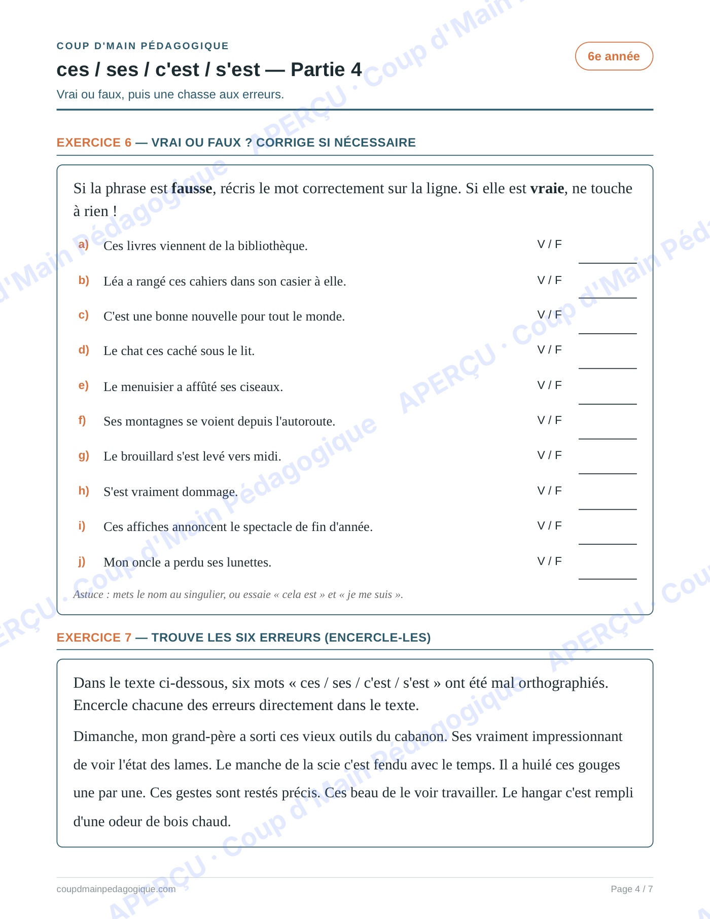 Page 4 — Les homophones ces/ses/c'est/s'est — 6e, fiche