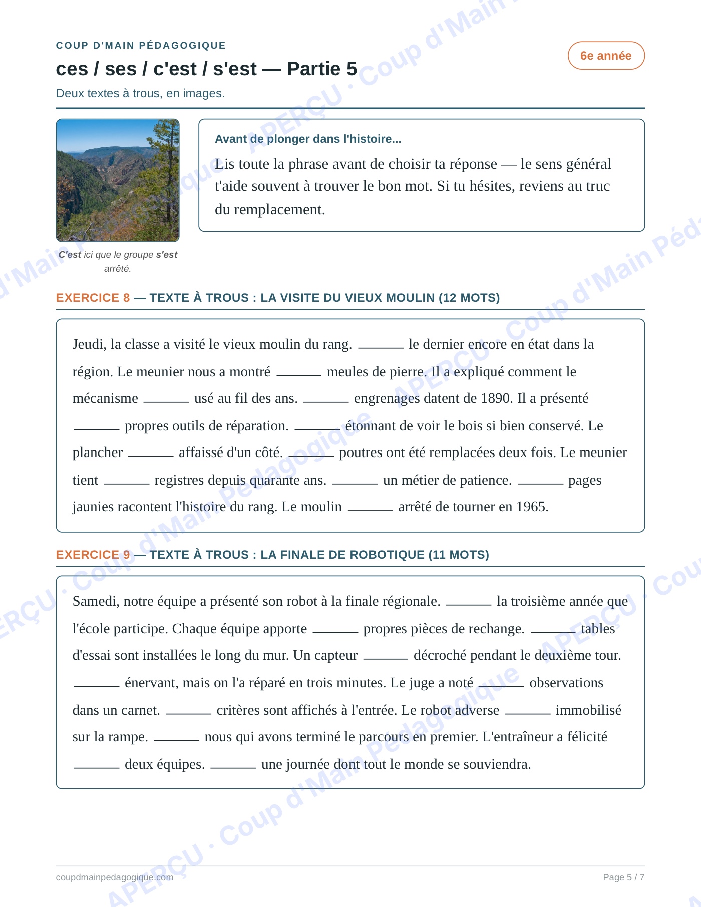 Page 5 — Les homophones ces/ses/c'est/s'est — 6e, fiche