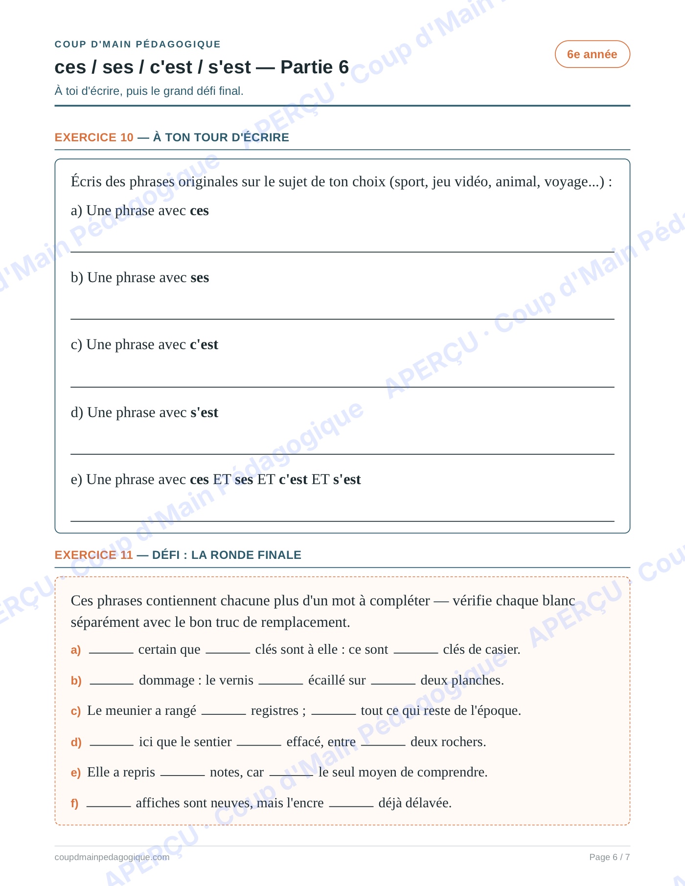 Page 6 — Les homophones ces/ses/c'est/s'est — 6e, fiche