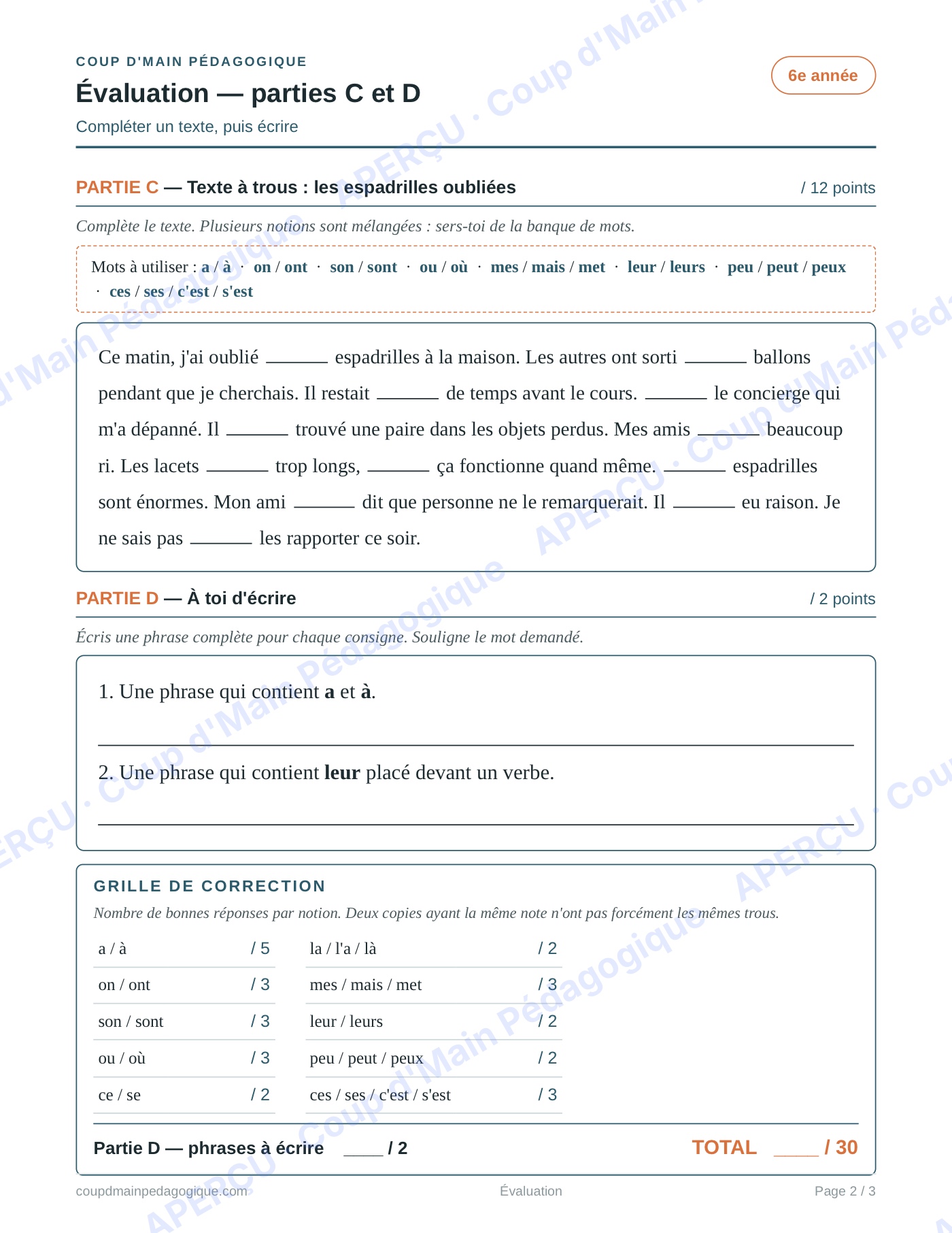 Page 2 — Les homophones grammaticaux — 6e année, évaluation