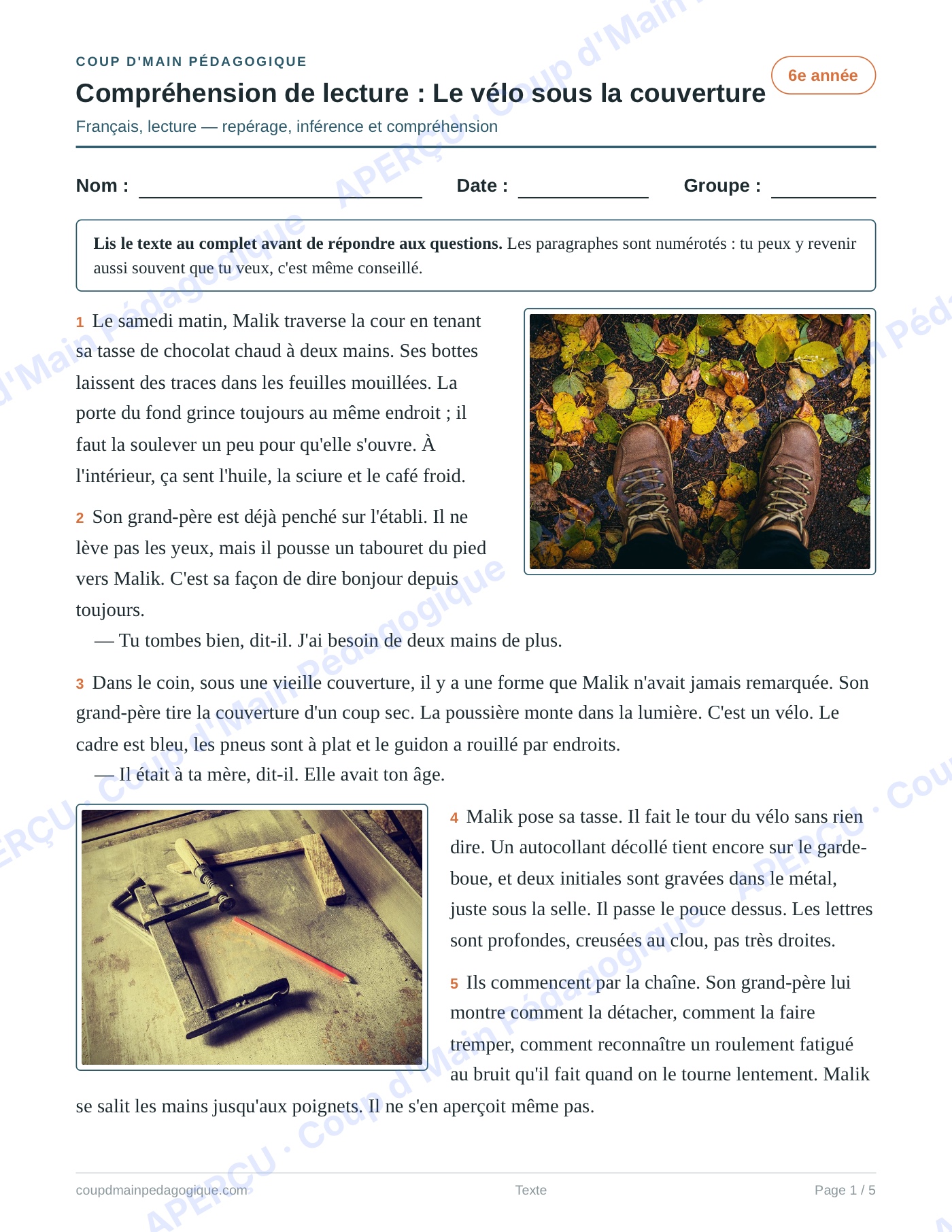 Page 1 — Le vélo sous la couverture — 6e année, lecture