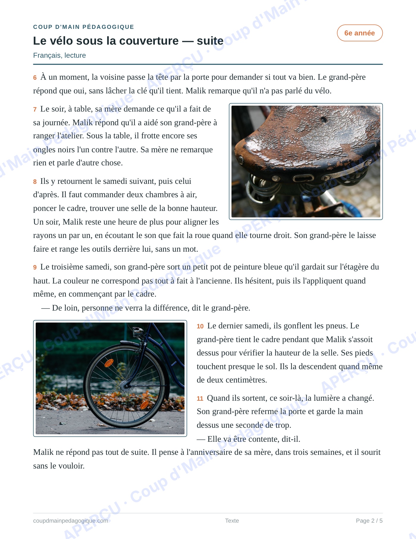 Page 2 — Le vélo sous la couverture — 6e année, lecture