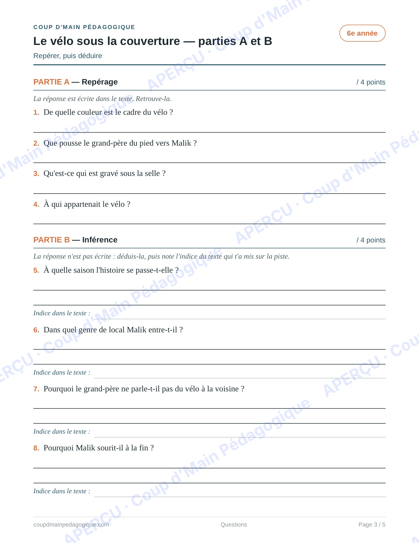 Page 3 — Le vélo sous la couverture — 6e année, lecture