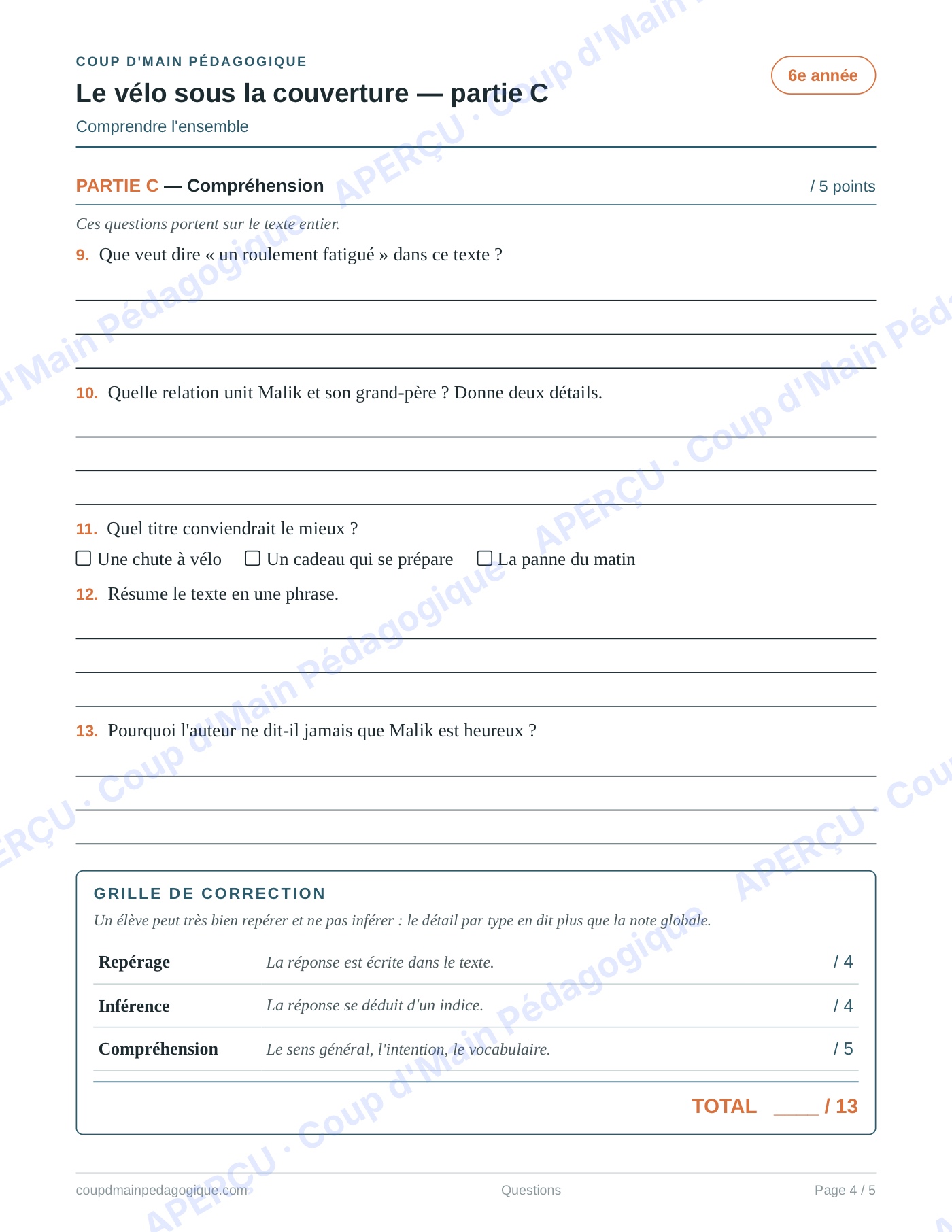 Page 4 — Le vélo sous la couverture — 6e année, lecture