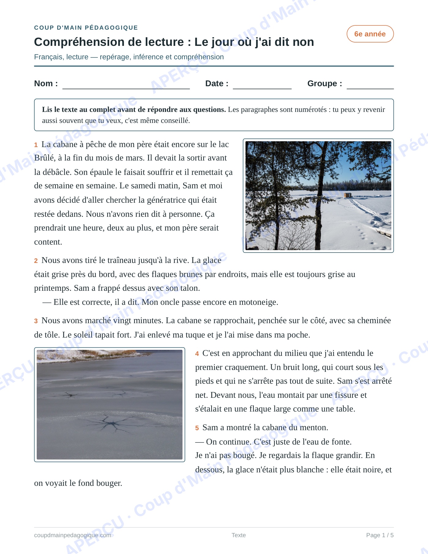 Page 1 — Le jour où j'ai dit non — 6e année, lecture
