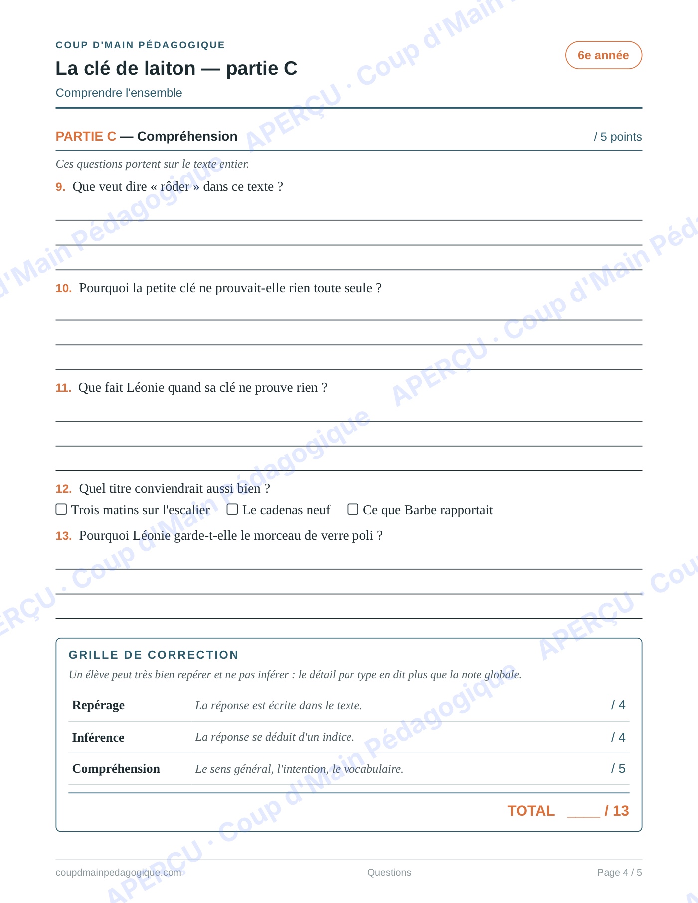 Page 4 — La clé de laiton — 6e année, lecture