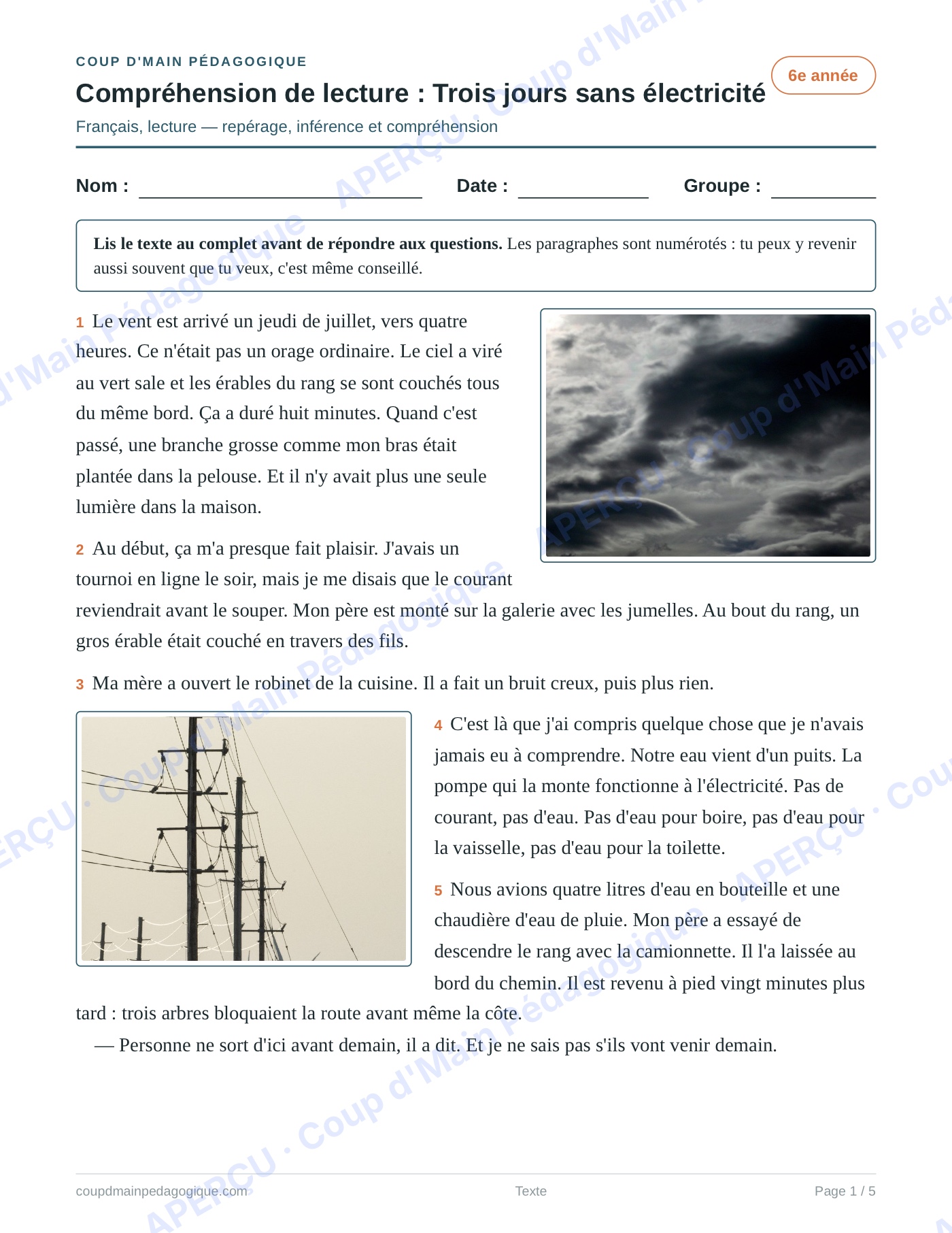 Page 1 — Trois jours sans électricité — 6e année, lecture