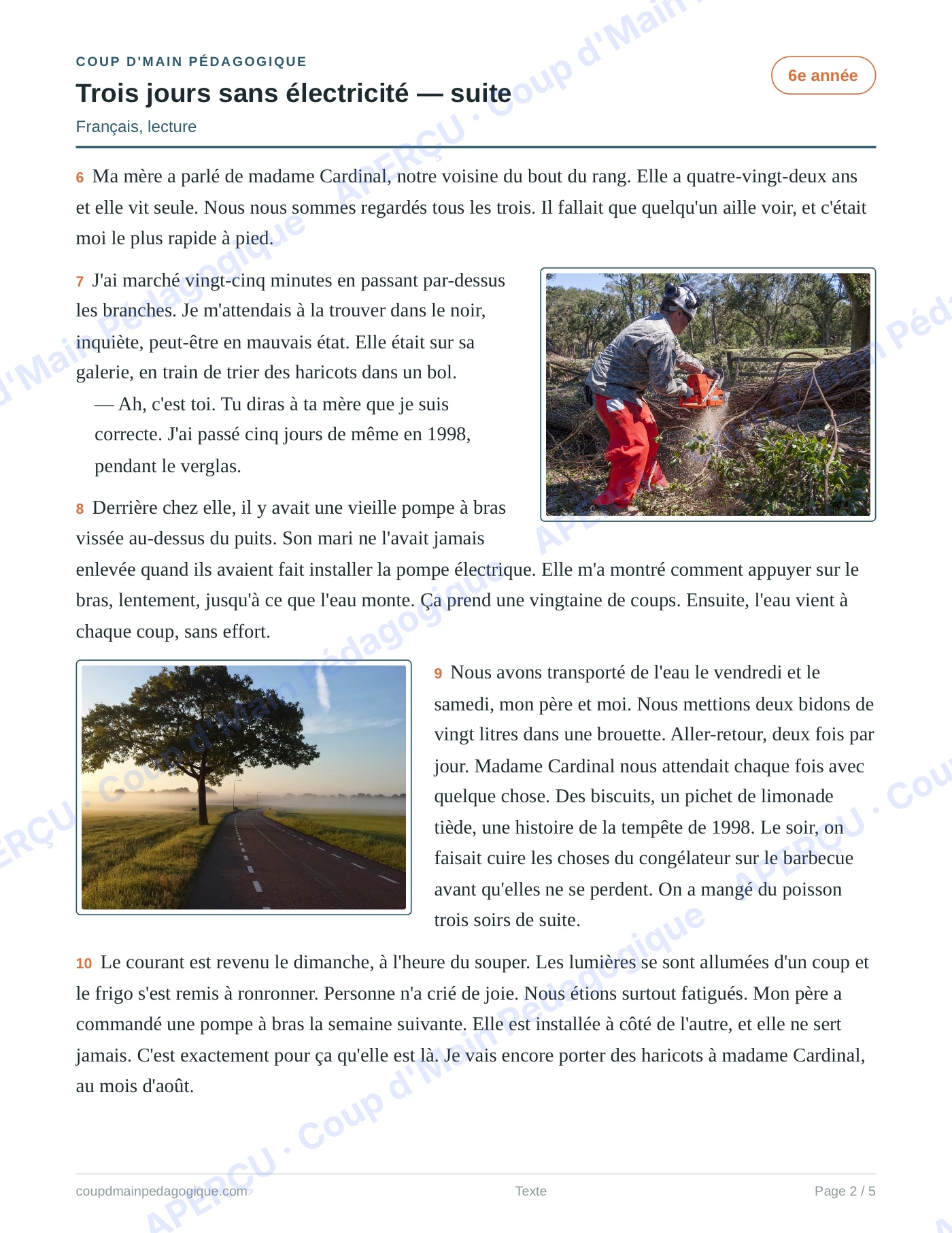 Page 2 — Trois jours sans électricité — 6e année, lecture