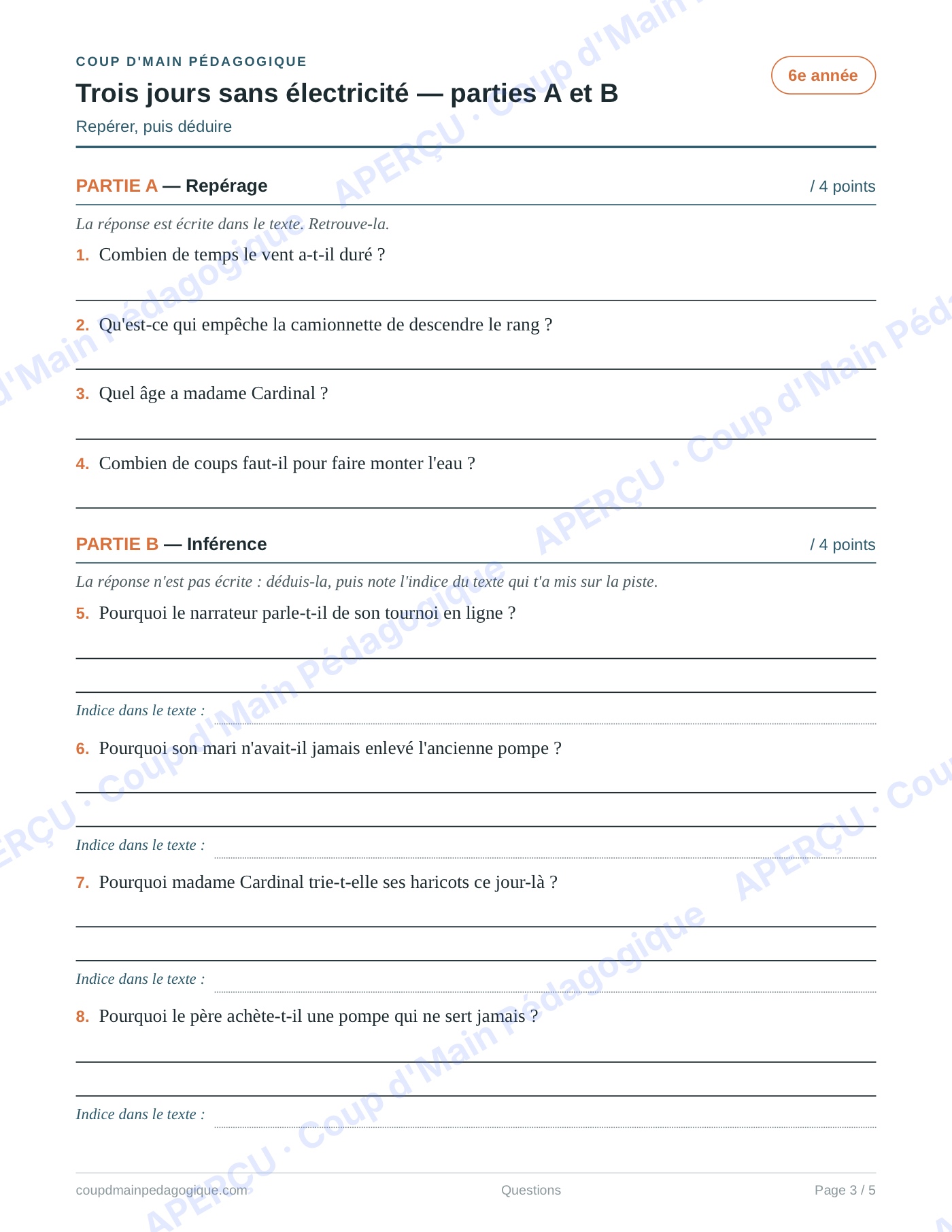 Page 3 — Trois jours sans électricité — 6e année, lecture