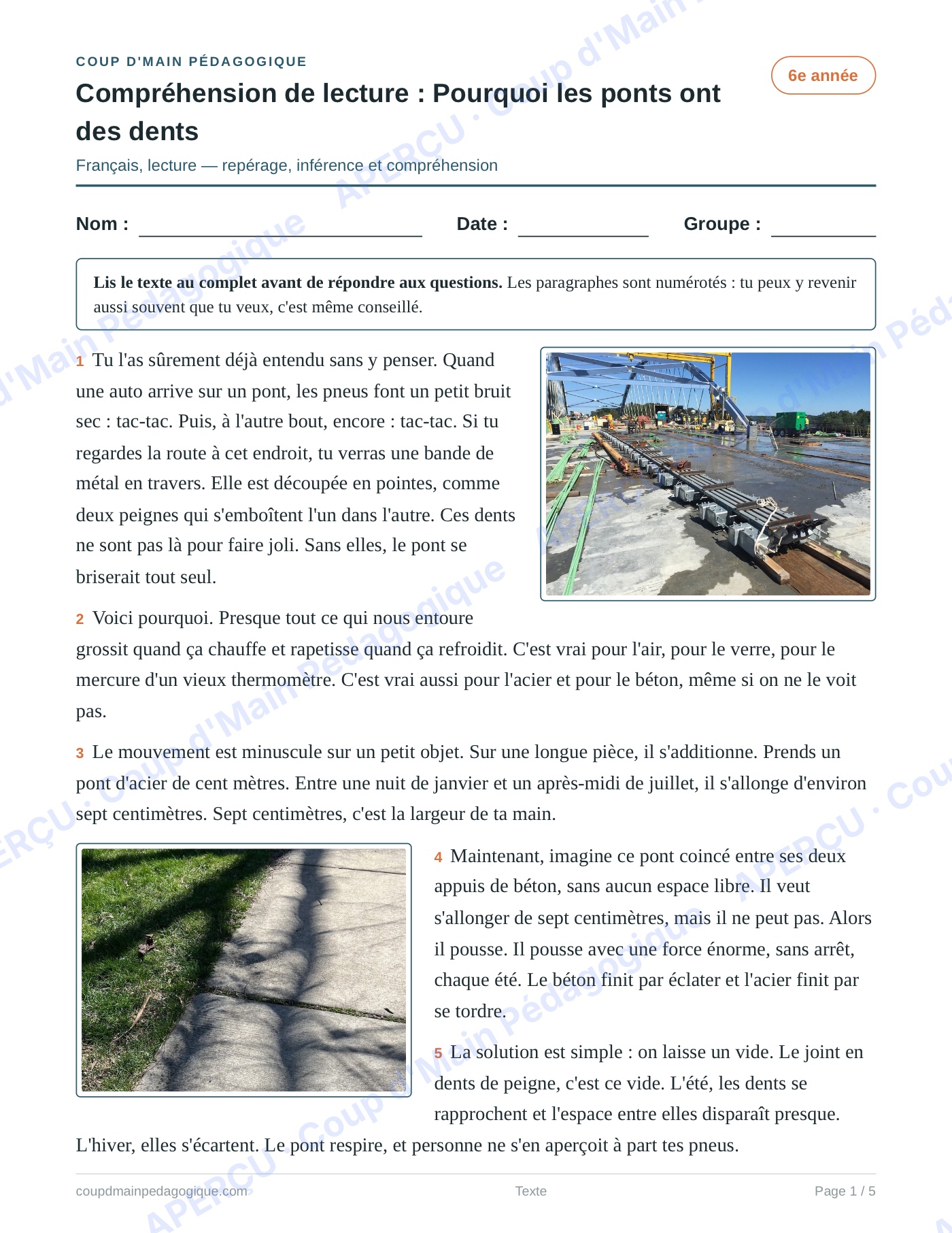 Page 1 — Pourquoi les ponts ont des dents — 6e, lecture