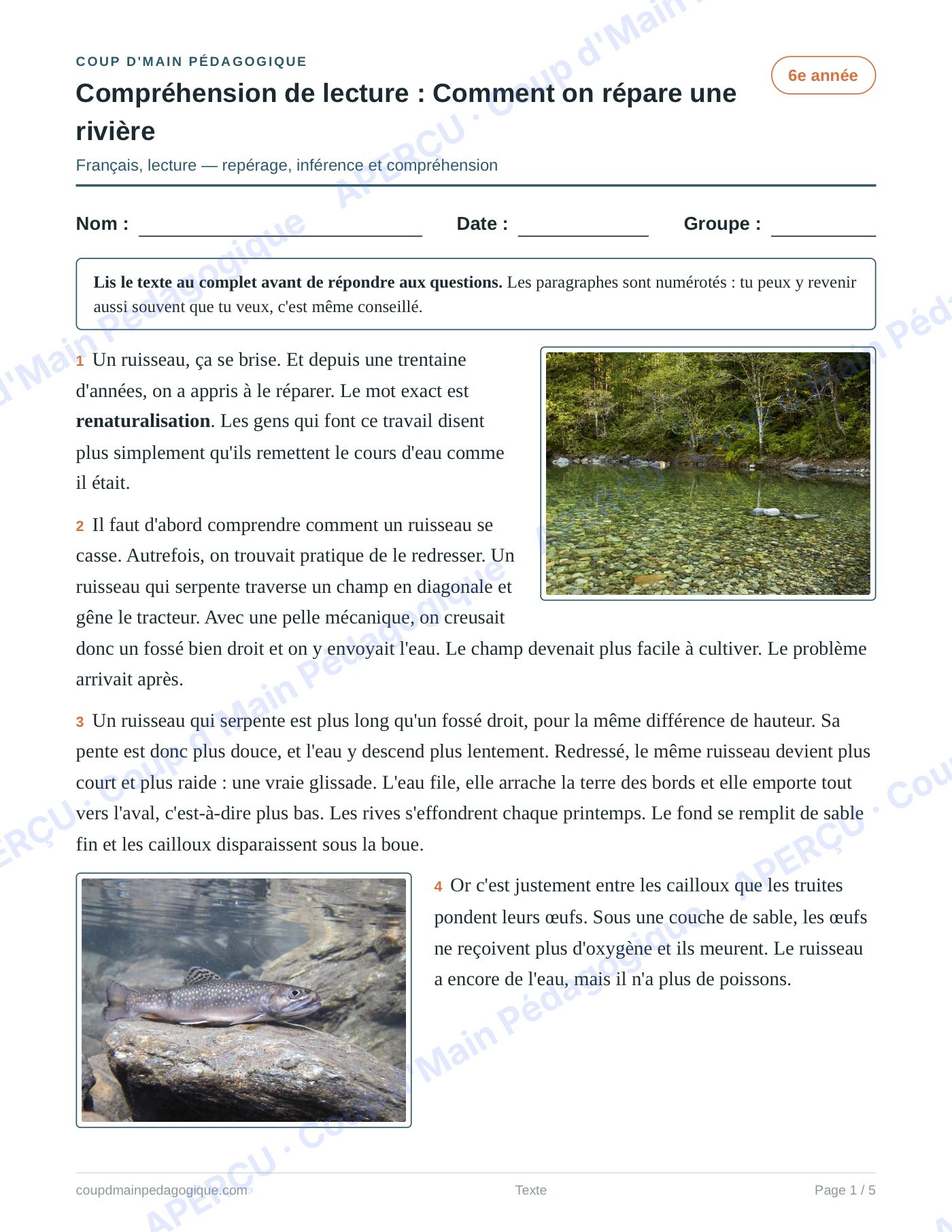 Page 1 — Comment on répare une rivière — 6e année, lecture