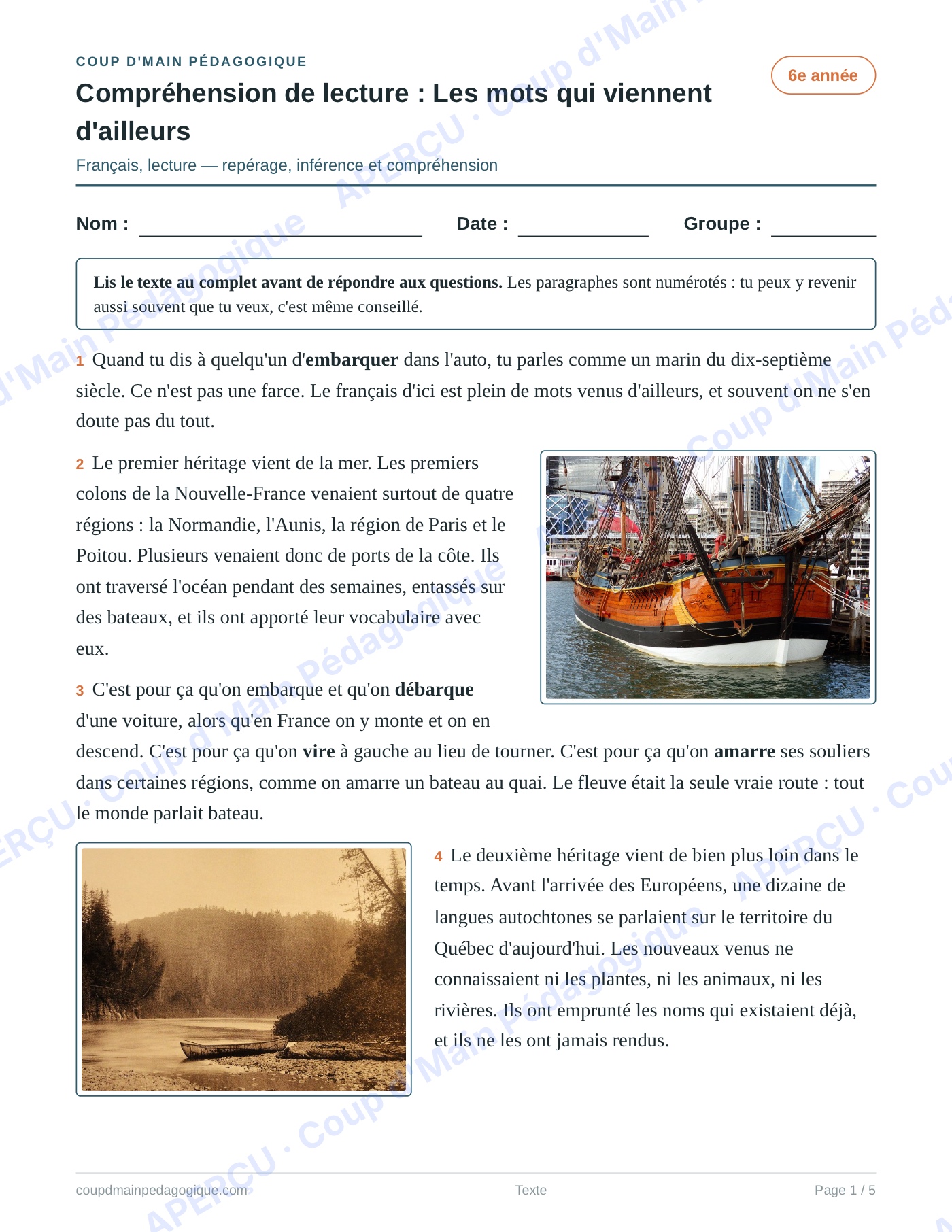 Page 1 — Les mots qui viennent d'ailleurs — 6e, lecture