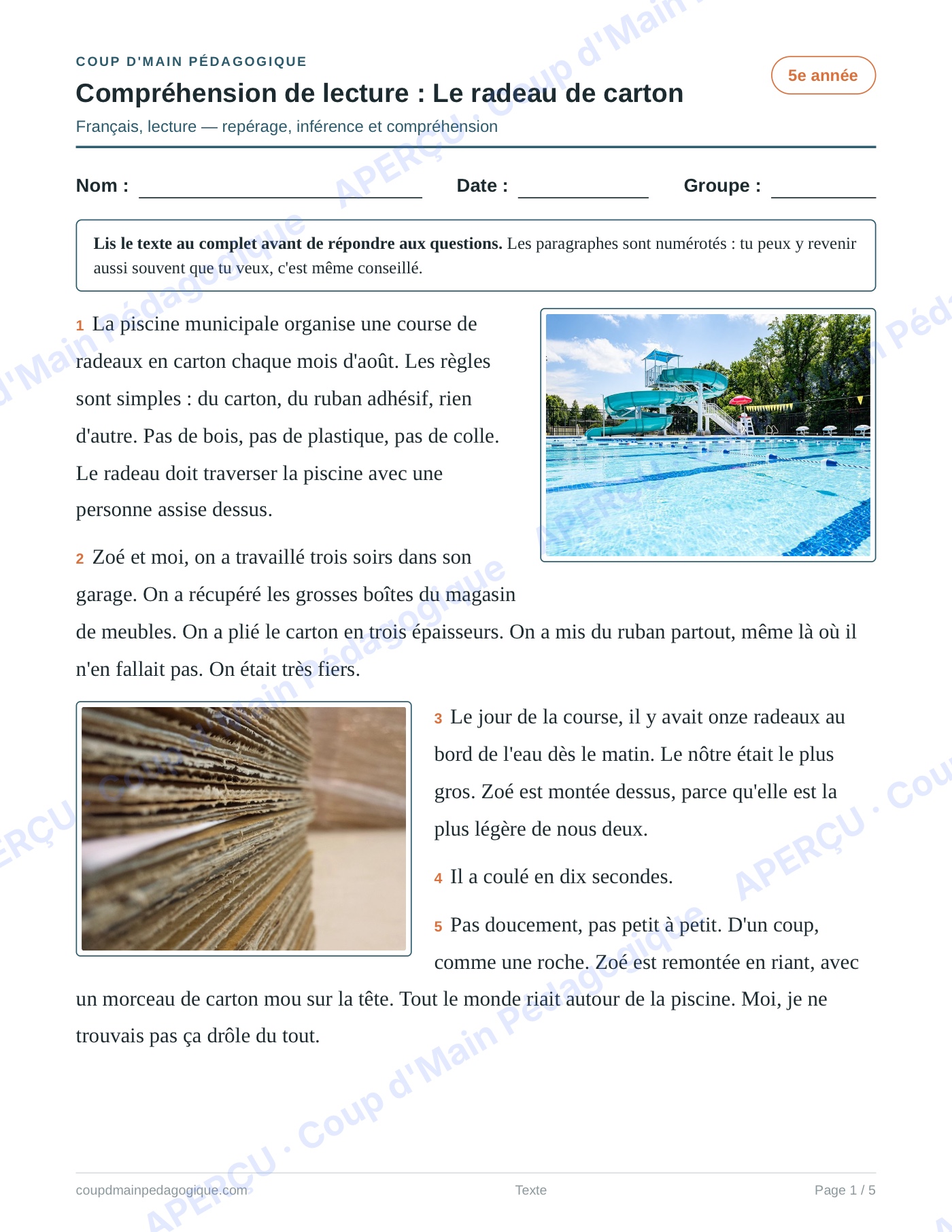 Page 1 — Recueil de 10 textes — 5e année, lecture