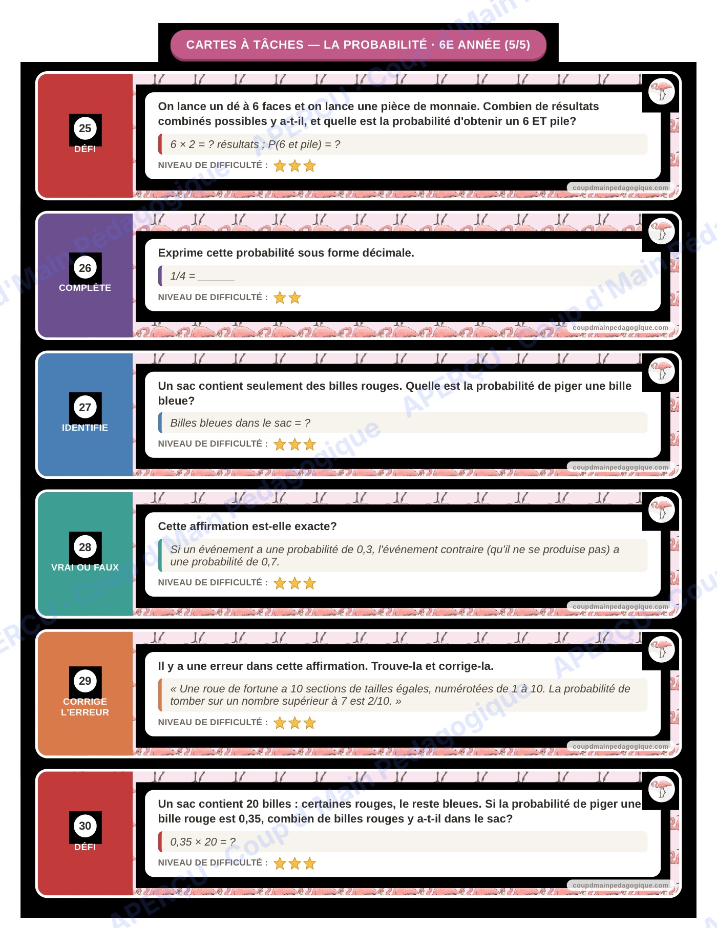 Page 5 — La probabilité — 6e année, cartes à tâches