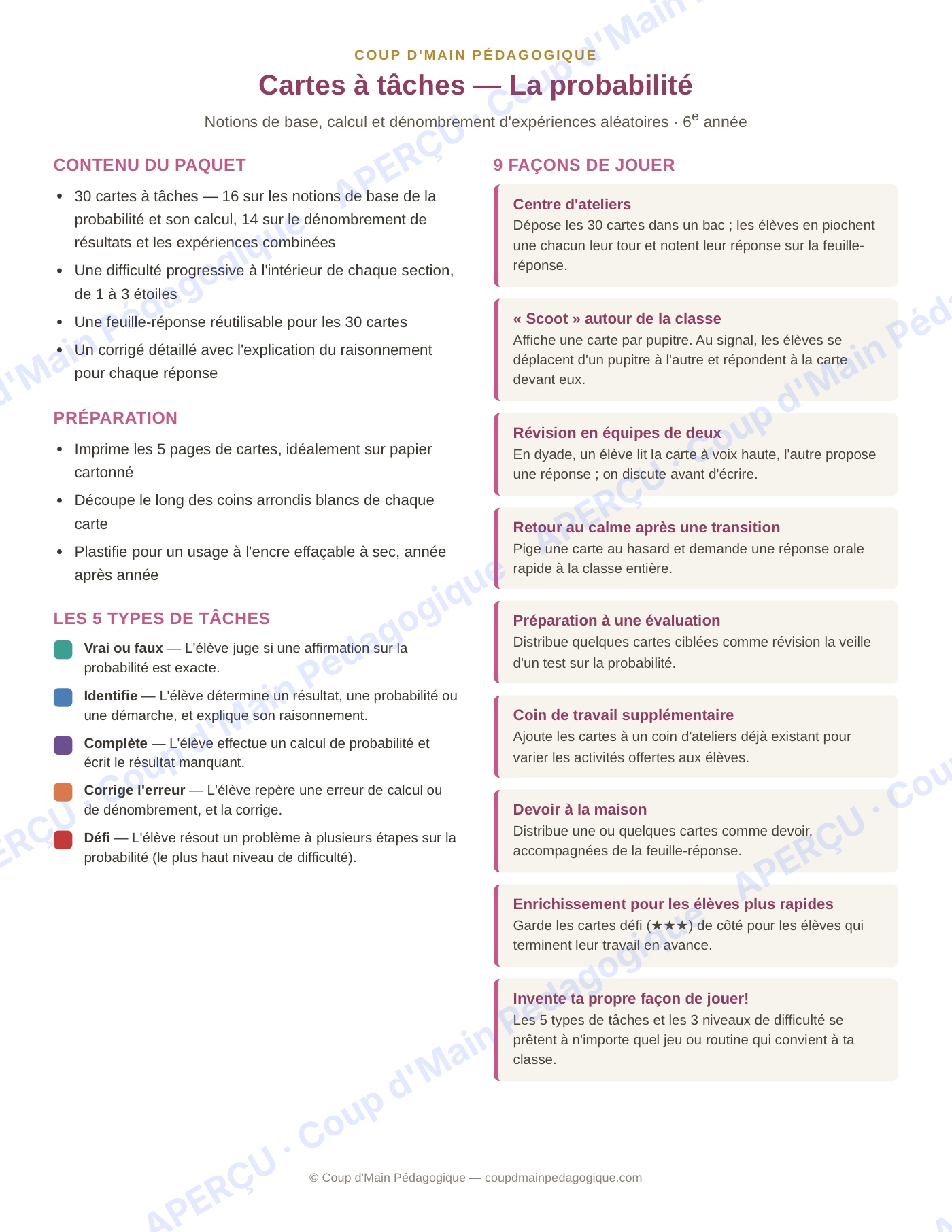 Page 6 — La probabilité — 6e année, cartes à tâches