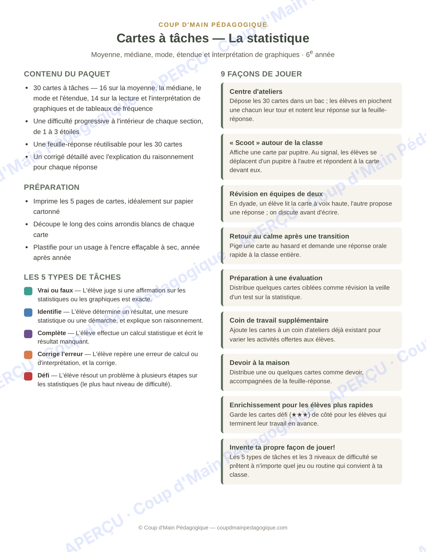 Page 1 — La statistique — 6e année, cartes à tâches
