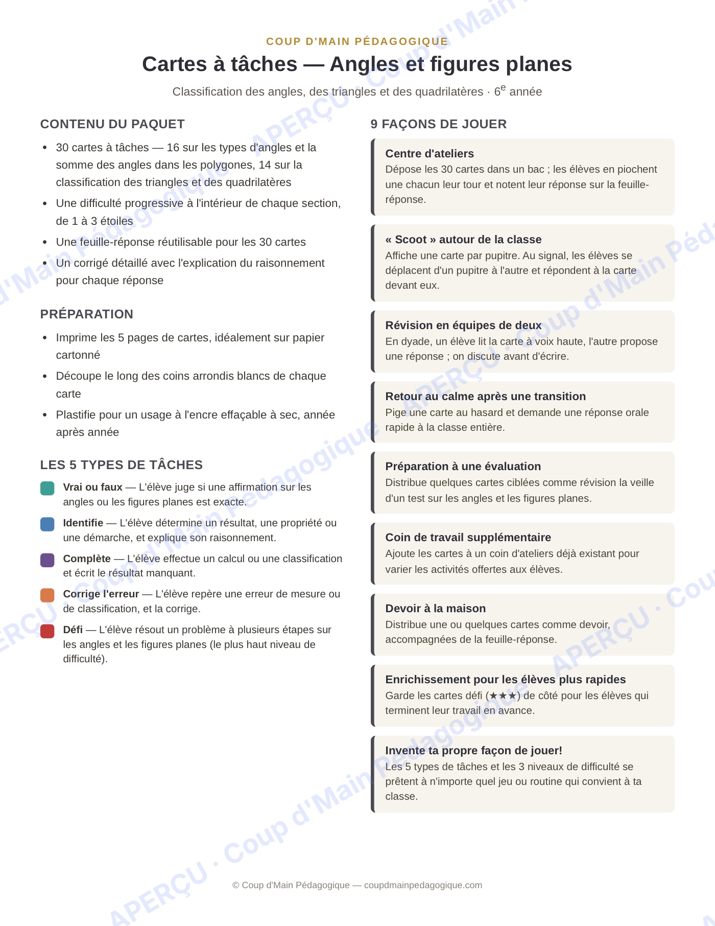 Page 1 — Angles et figures planes — 6e, cartes à tâches