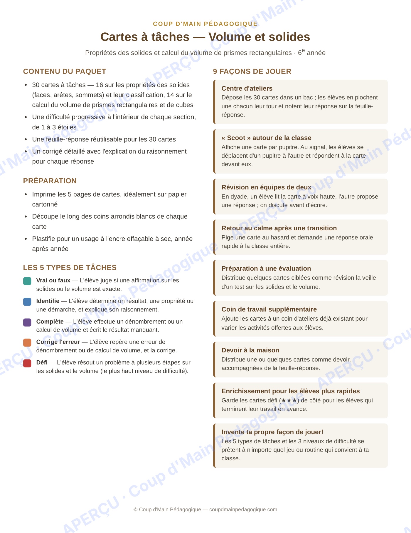 Page 1 — Volume et solides — 6e année, cartes à tâches