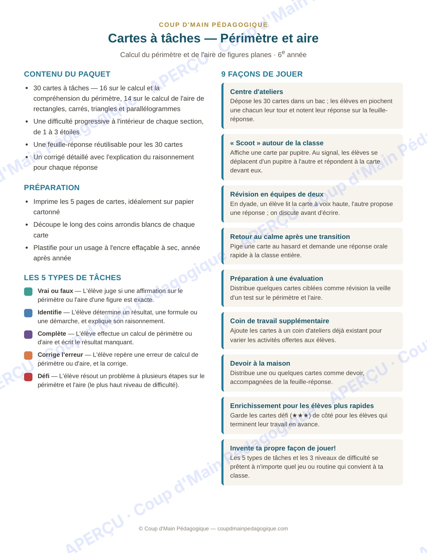 Page 1 — Périmètre et aire — 6e année, cartes à tâches